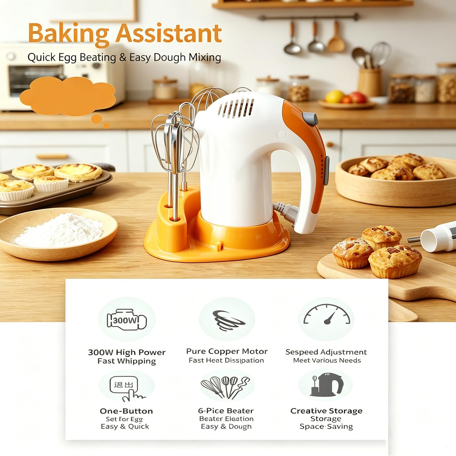 Sbattitore elettrico manuale da cucina 300 W, 5 velocità con fruste in acciaio inossidabile 304, ganci per impastare e frusta - Ideale per la cottura al forno