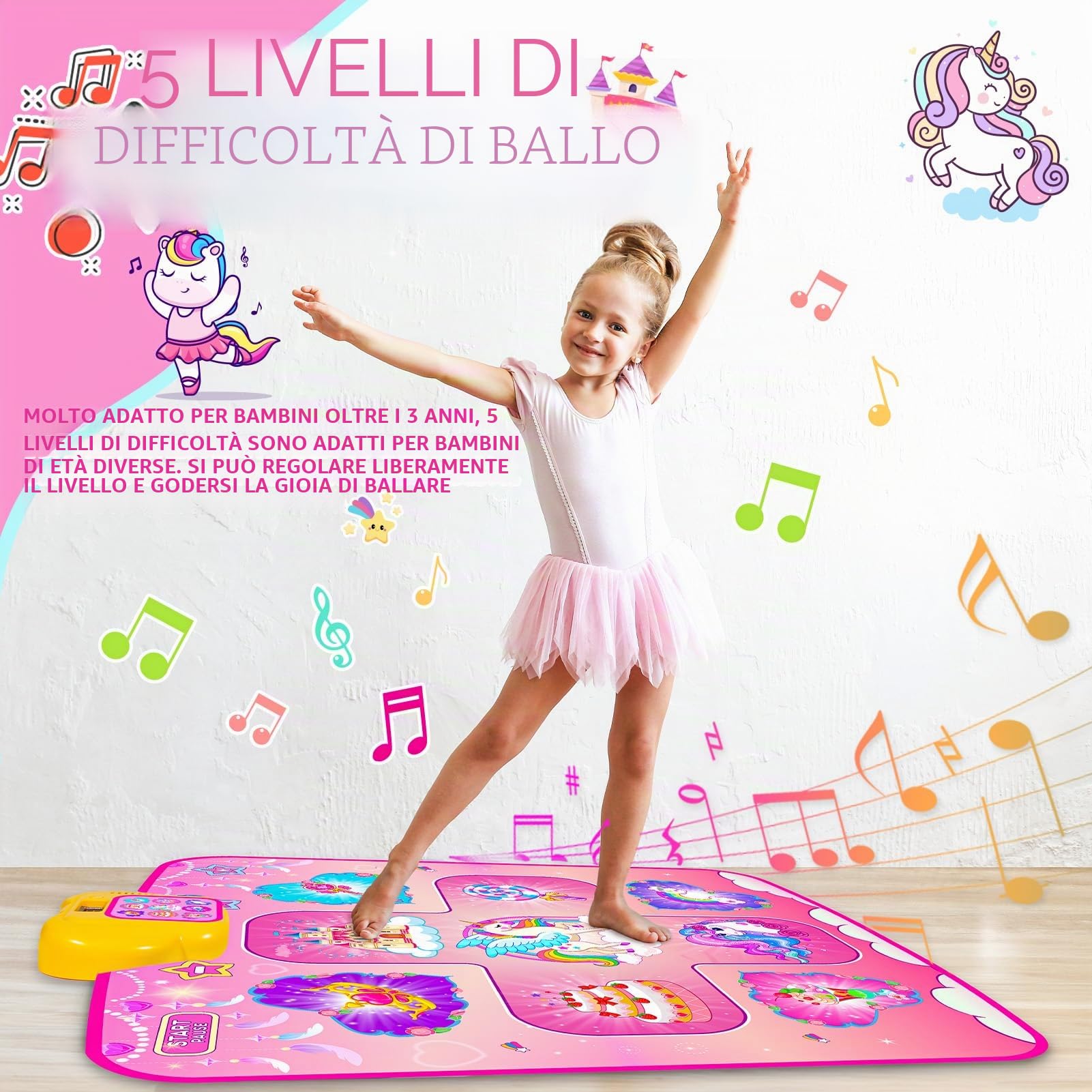 Giocattolo Tappetino da Ballo,Regali per Bambini da 2 3 4 5 6 + Anni Ragazze, Giocattolo Tappeto da Ballo Unicorno da 3 4 5 6 + Anni Ragazze, Regalo Ragazze,5 Livelli di Danza,Compleanno Natale