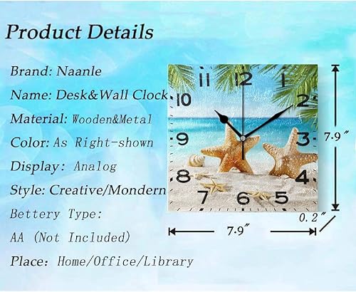 Miniatura 3 de Naanle Reloj de pared cuadrado silencioso con diseño de estrellas de mar tropicales frescas en 3D de 8 pulgadas, funciona con pilas, reloj de