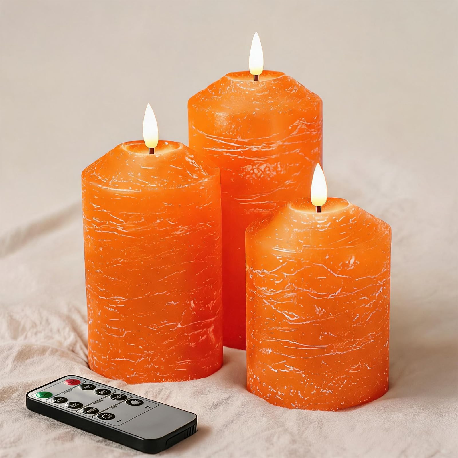 WoPail LED Candle Set of 3 Flameless Candles, Battery Operated Flickering, Real Wax Pillar Candles with Remote Control and Timer, Safe Decorative Candles for Living Room, Wedding, Indoor (Orange)