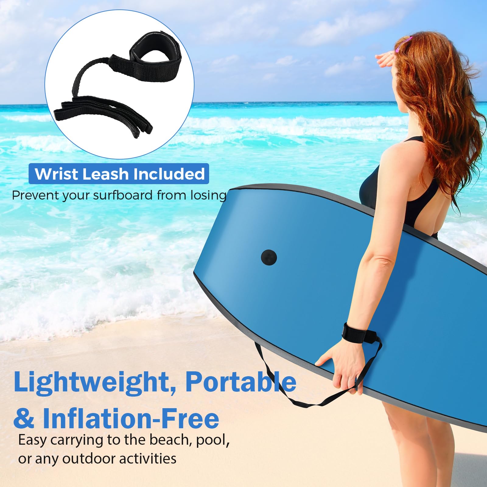 HOMASIS Planche de Surf Léger, Body Board avec Pont XPE, Planche à Vague Noyau en Mousse EPS, Base en Croissant, Laisse de Poignet sans Gonflage pour Adultes et Adolescents