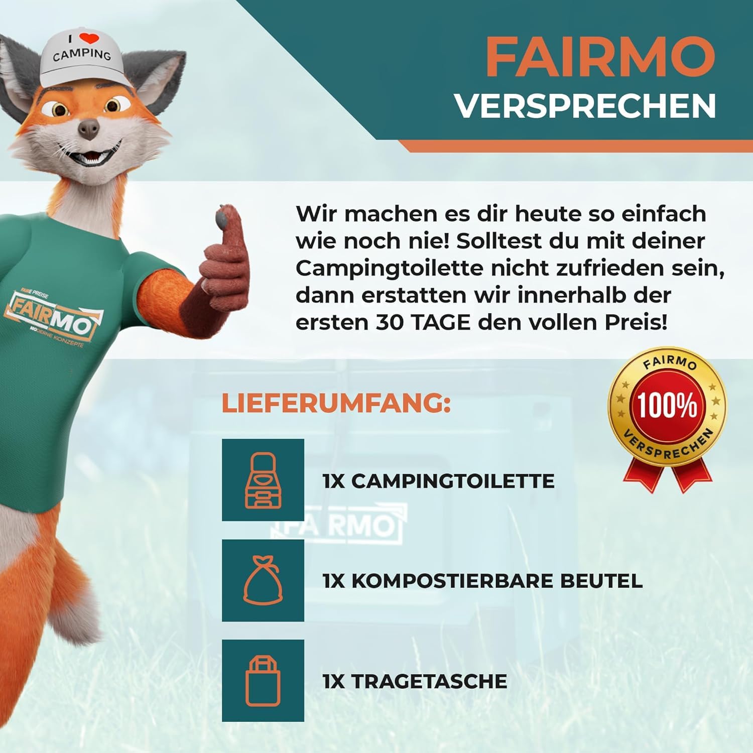 FAIRMO Die kompakte Campingtoilette faltbar - Camping ohne Chemie - Mobile Toilette Campingklo mit Deckel - Unterwegs, Festival, Notfall