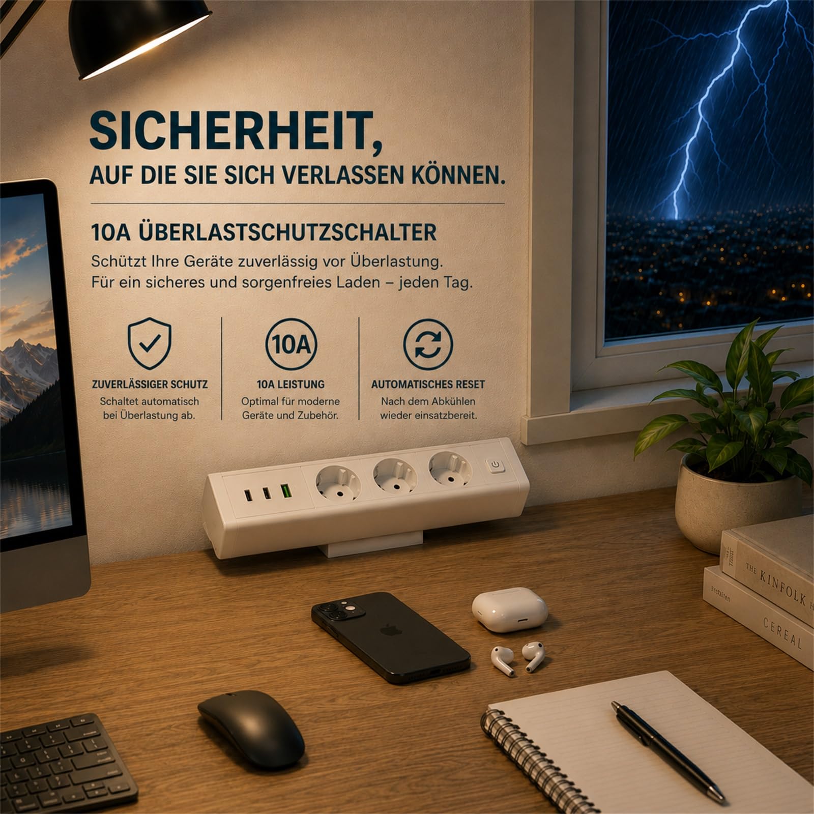 Tischsteckdose mit USB C 65W, Dinolink 3 Fach Steckdosenleiste mit 3 USB