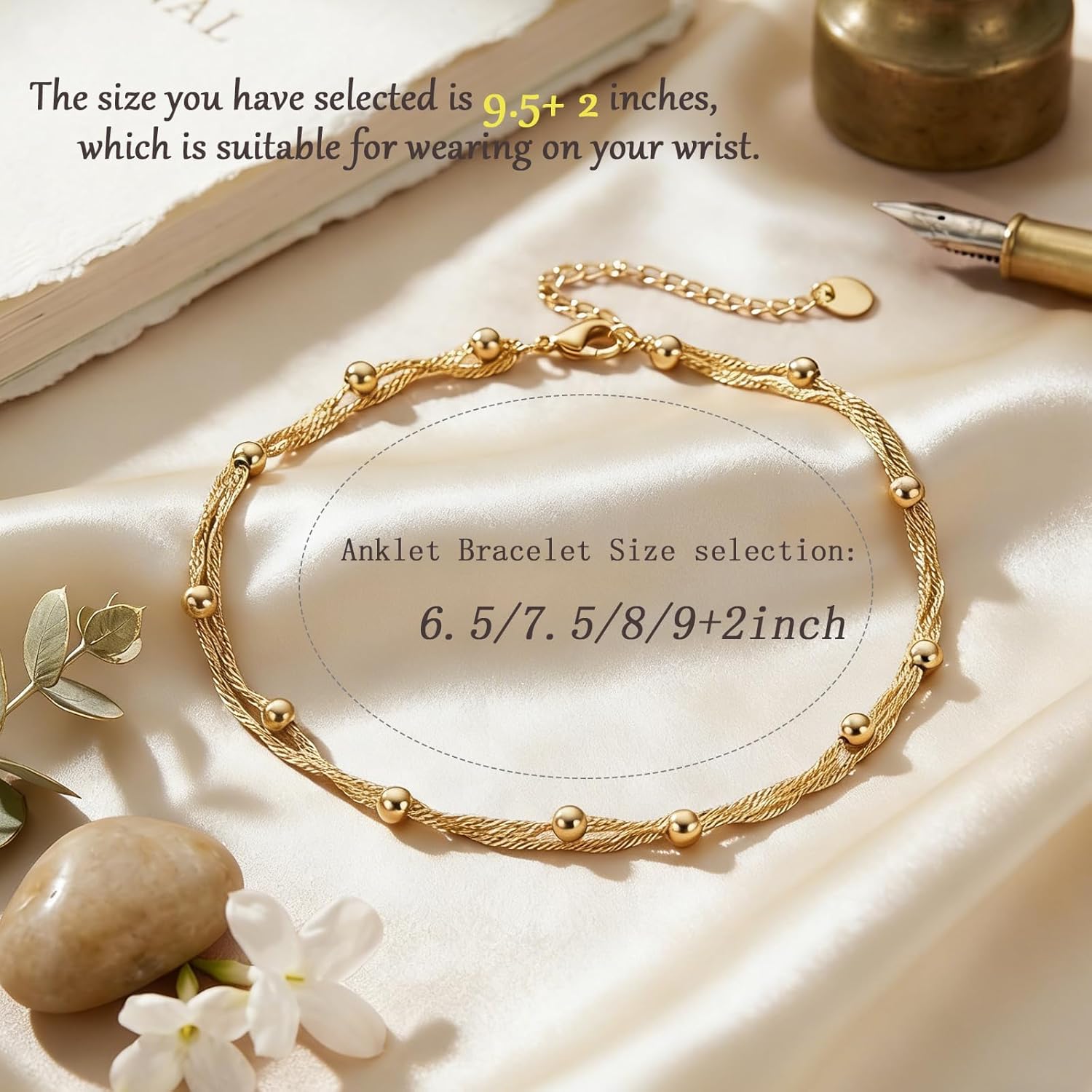 Midari 18K Yellow Gold Bracelet for Women Double-Layer Twisted Cuban Link Layered Bracelet Adjustable Size 6.5" to 9.5"