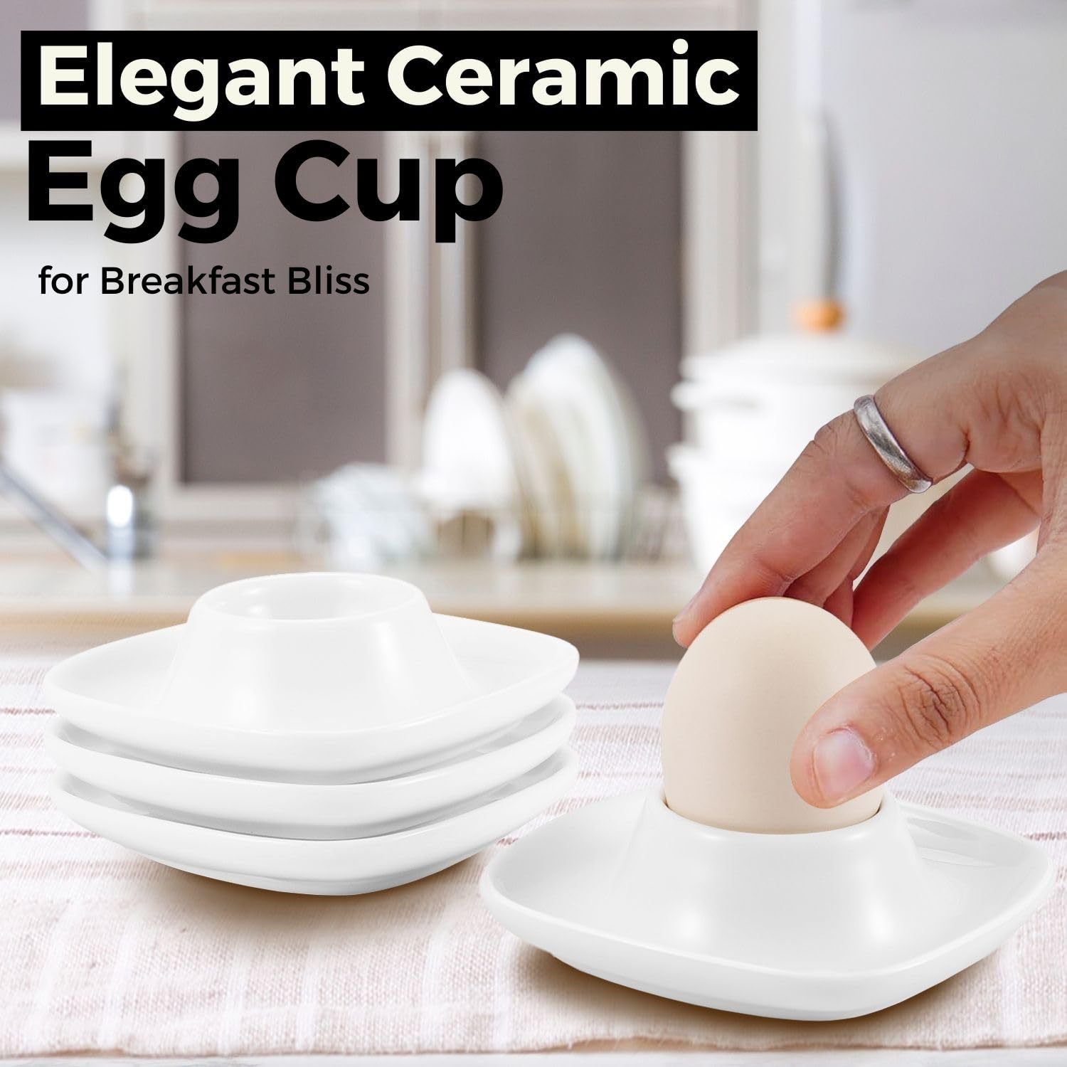 Lot 4 Coquetiers Céramique Blanc + 2 Coupe-Oeufs Inox - Supports Oeufs à La Coque Porcelaine Et Acier
