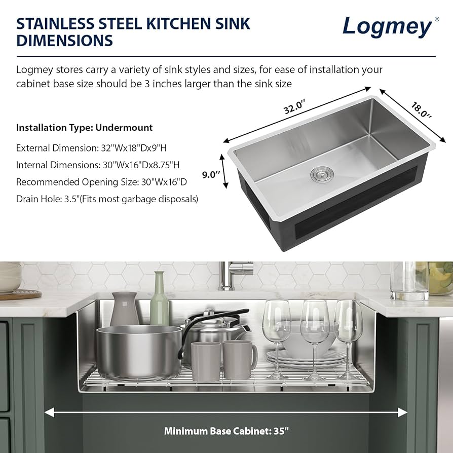 Logmey 32 In Undermount Kitchen Sink - 32x18 Inch Handmade