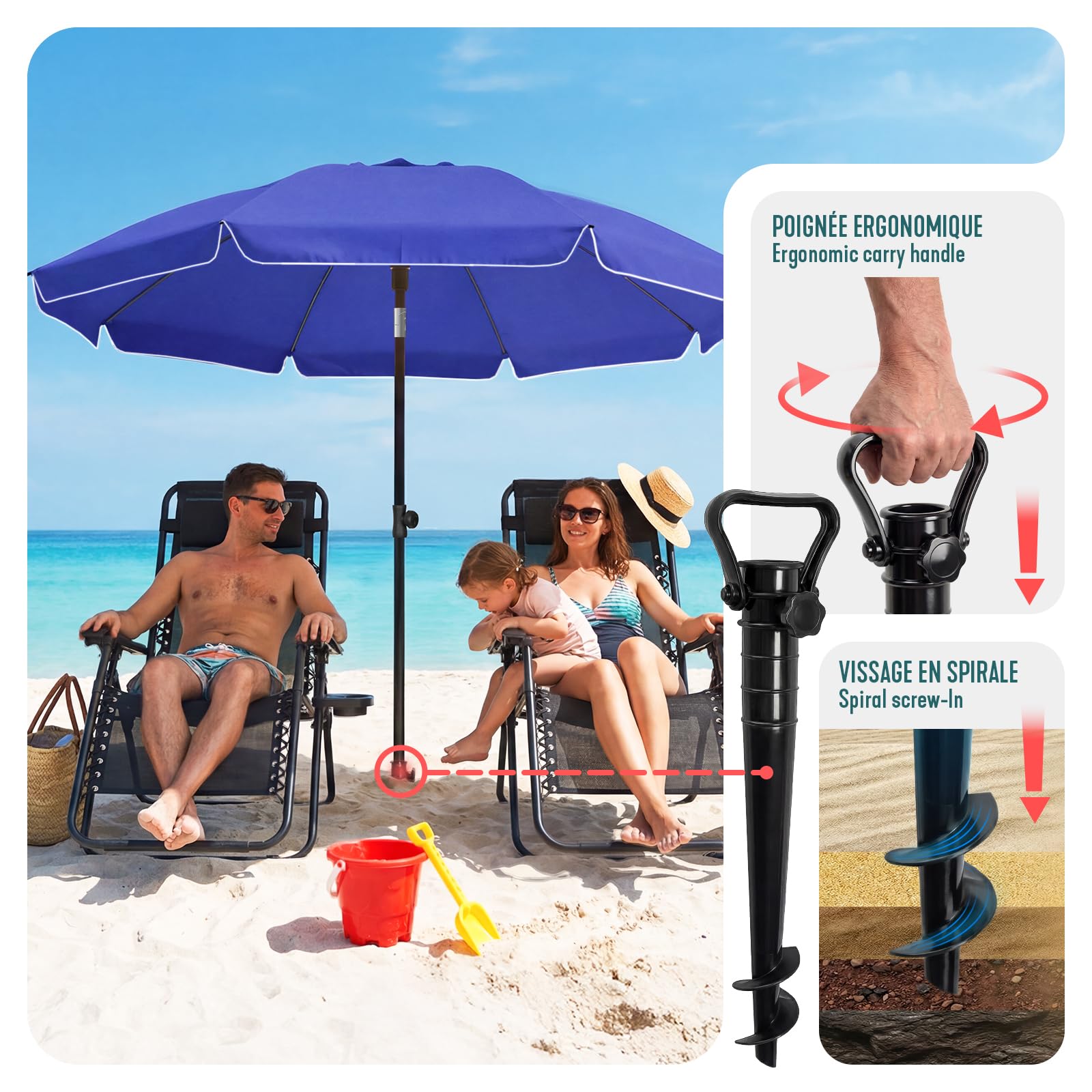 VOUNOT® Sombrilla Playa Grande Ø200cm y Soporte Arena Mástil Inclinable Altura Regulable Protección UV 50+ Parasol con Techo Ventilación Bolsa Transporte para Playa Terraza Balcón Camping Exterior — view 6