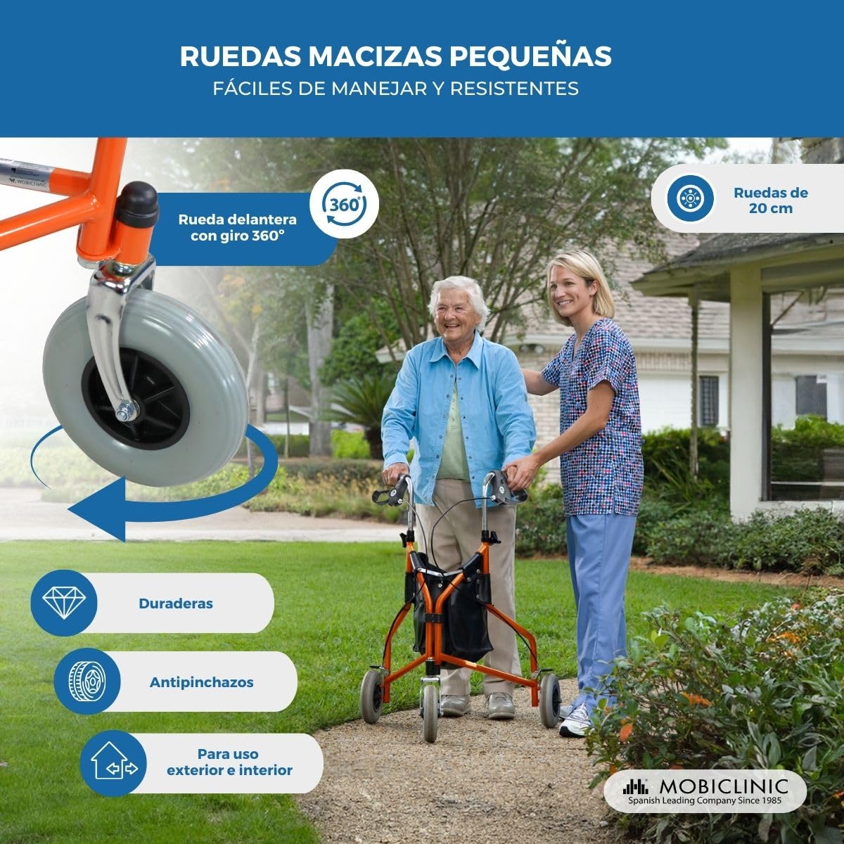 Mobiclinic®, Andador plegable 3 ruedas, Caleta, Cesta con tapa y bolsa, Frenos en manetas, Regulable altura, Marca española, Ligero, Estructura manejable, Pequeñas, Naranja