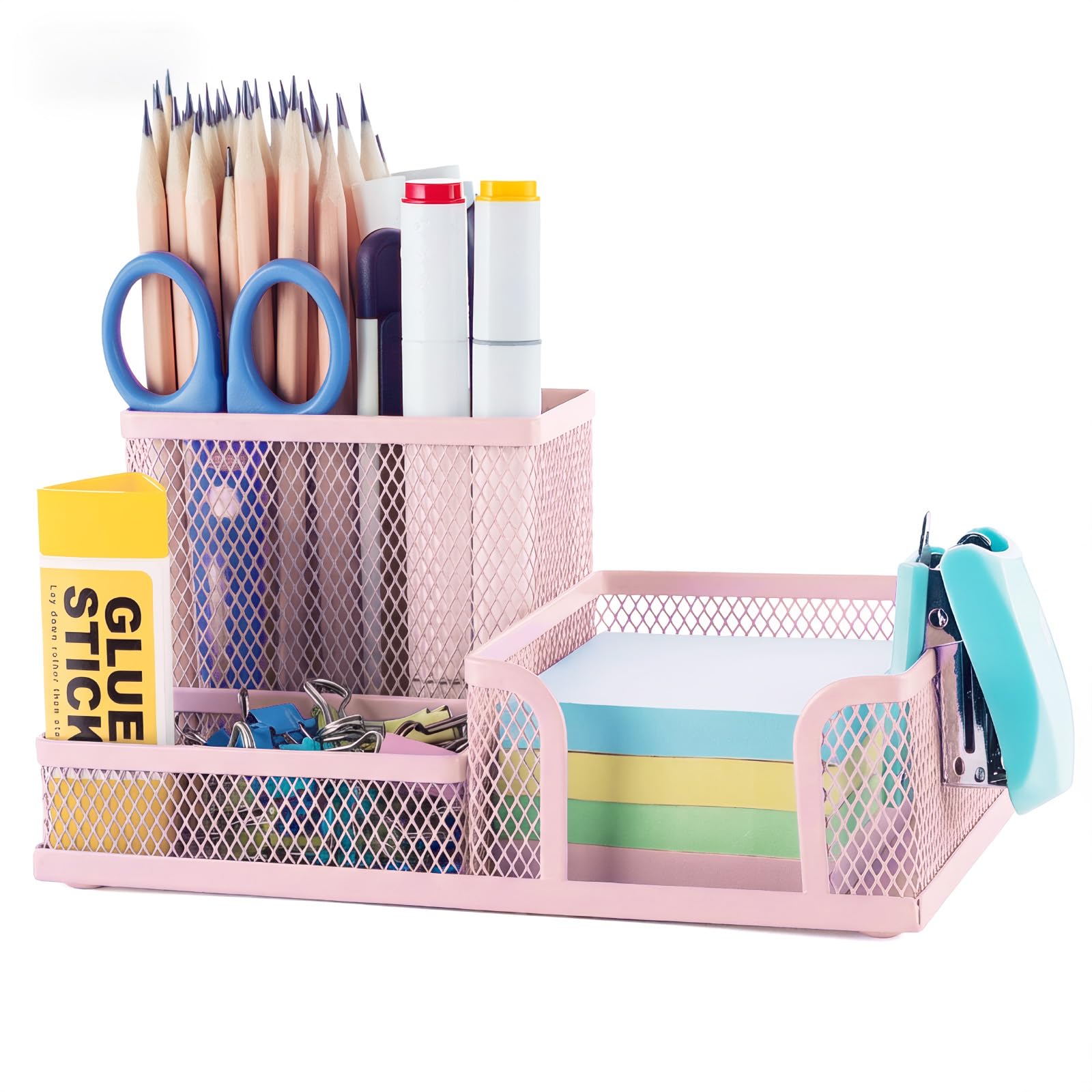 M&G Mesh Pen Holder Desk Organizers Pencil Holder for Desk Pink, 3 Compartments Metal Office Supply Organizer with Sticky Notes Holder for Home Office