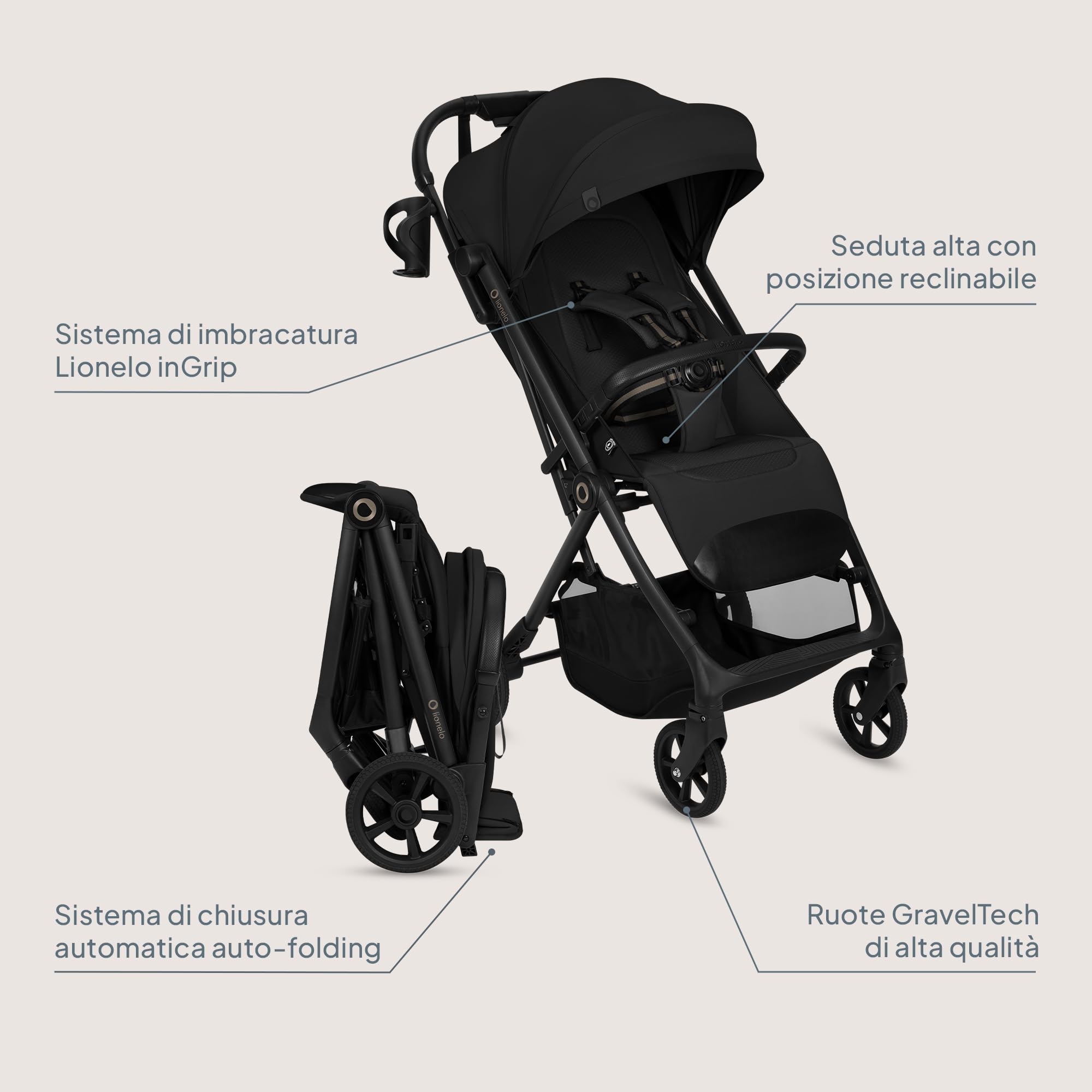 Lionelo TANSI Passeggino Leggero Compatto fino a 22 kg Pieghevole con Chiusura Automatica a una Mano, Ruote GravelTech Ammortizzate, Schienale Reclinabile, Cappottina Ventilata, Dri Seat Traspirante