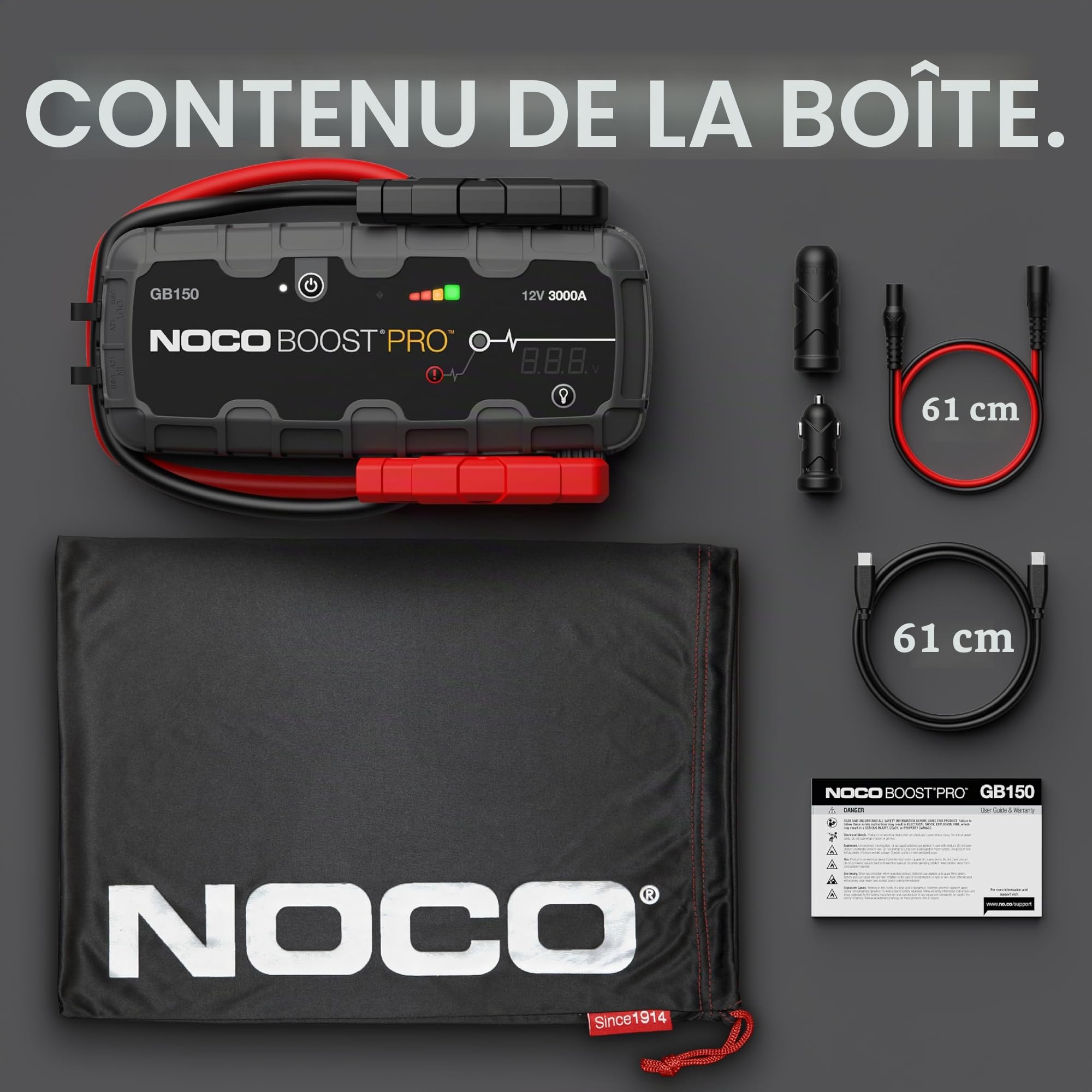 NOCO Boost GB150: Booster Batterie UltraSafe 3000A – Démarreur Lithium 12V Portable avec Powerbank et Chargeur USB – pour Moteurs Essence 9,0L et Diesel 7,0L