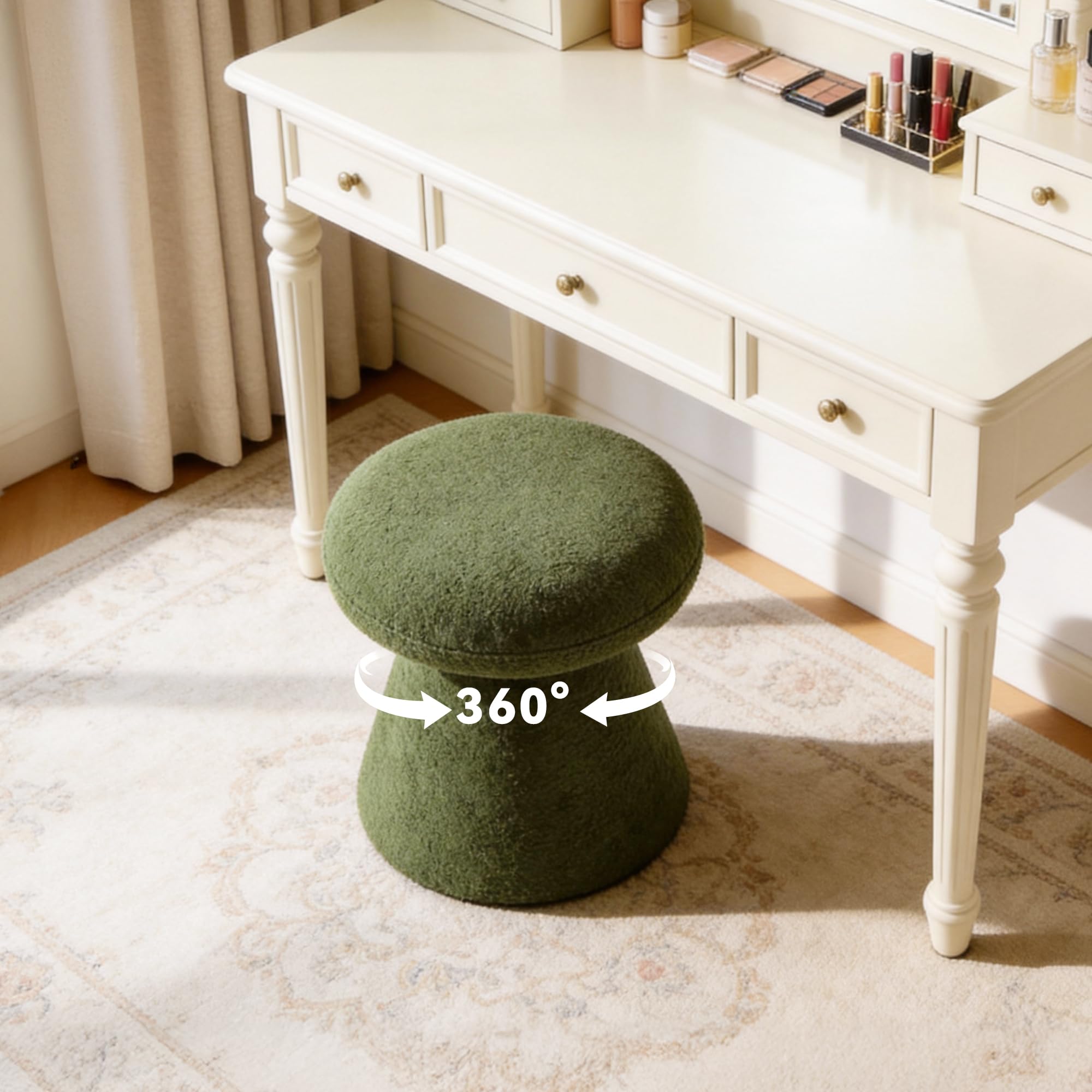 DEKKETO Tabouret de Coiffeuse Pivotant 360°, Pouf Rond Repose-Pieds Salon, Chaise Maquillage Moderne en Tissu Bouclette, Siège Rembourré Confortable pour Chambre, Dressing, Entrée, Vert