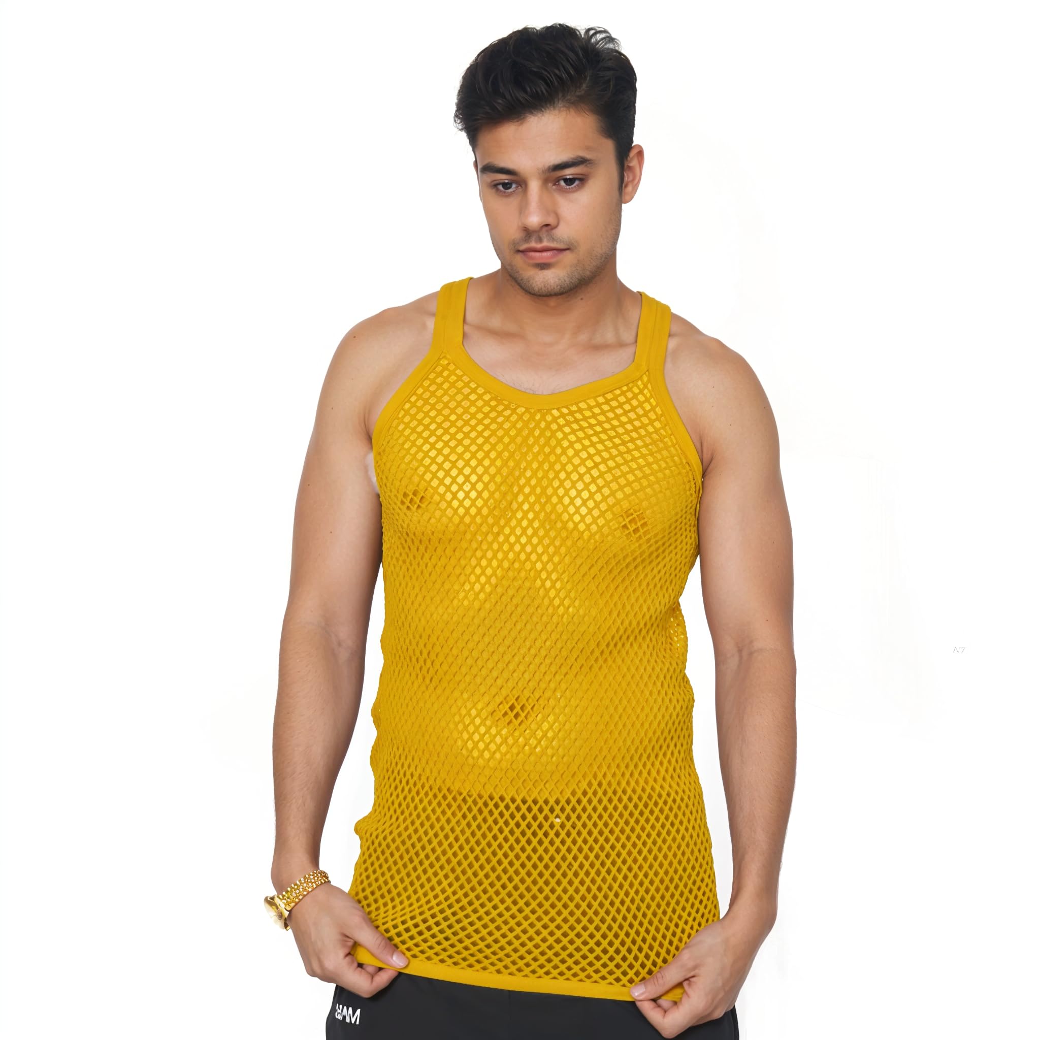 Ga Communications Men's Yellow String Mesh Vest Fishnet Cotton Gym Muscle Training Tank Rasta Tops Shirt[,L]