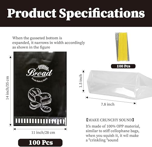 Miniatura 3 de Lesibag 100 bolsas de pan con fuelle inferior de 11 x 14 pulgadas con lazos, bolsas de celofán impresas transparentes para pan casero o panadería