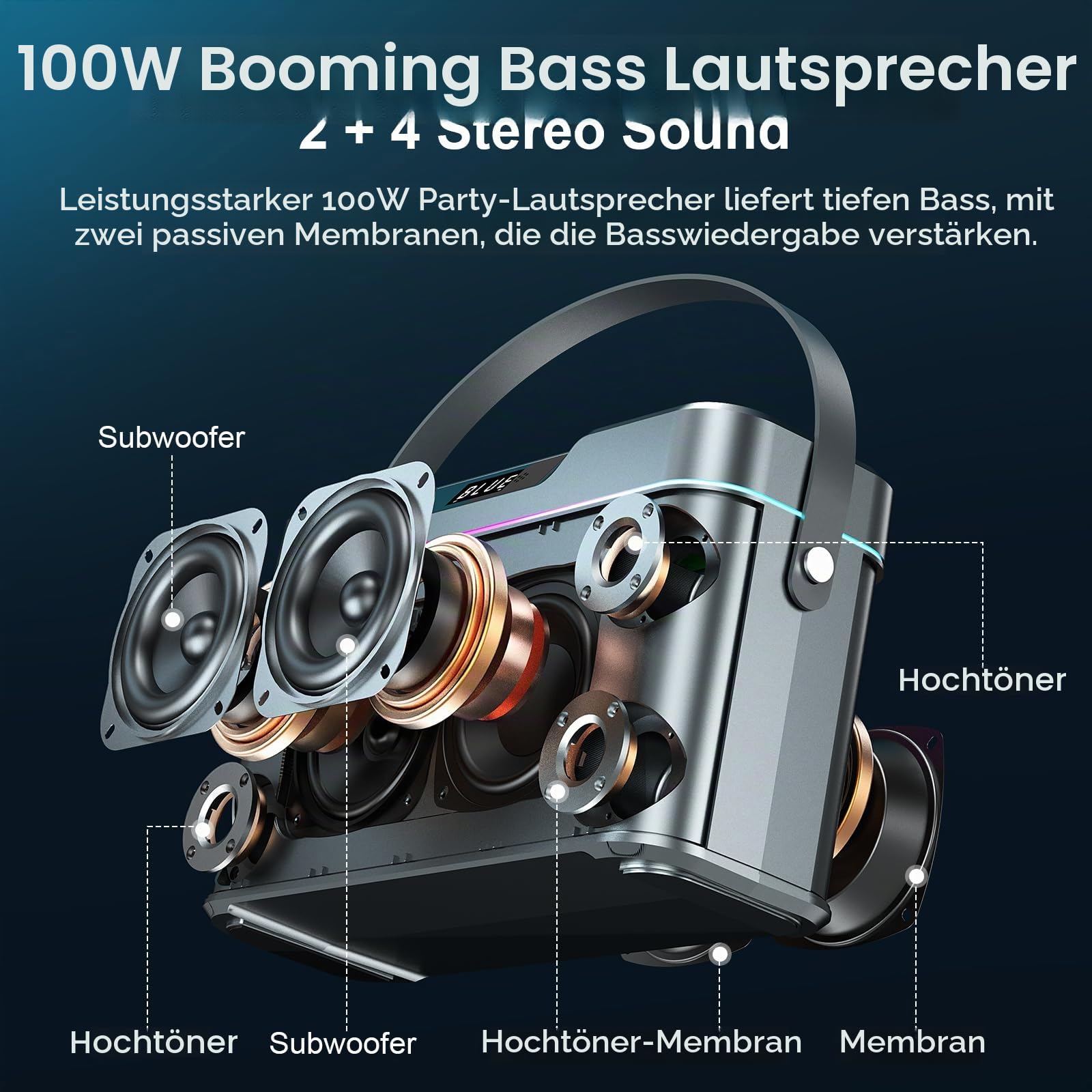 Karaoke-Maschine - 100W Bluetooth-Lautsprecher mit Super Bass, 2 drahtlose Mikrofone, tragbares PA-System mit LED-Leuchten, TWS-Paarung, Bass/Höhen/Echo-Einstellung, professioneller Lautsprecher