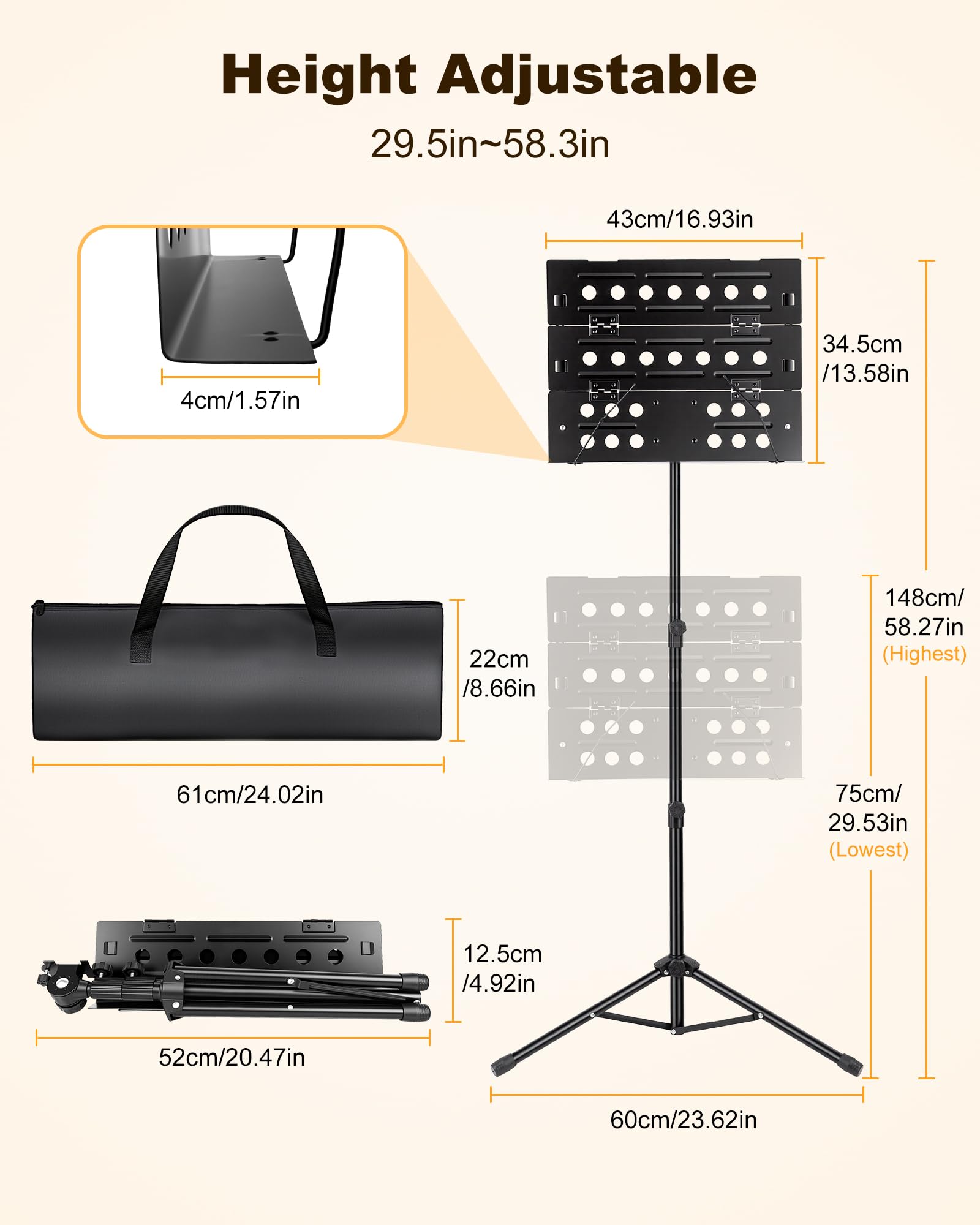 New Bee Atril Música Plegable Soporte para Partituras Estable de Metal, Altura Ajustable, Soporte Plegable con Pies Antideslizantes para para Estudiantes y Profesionales