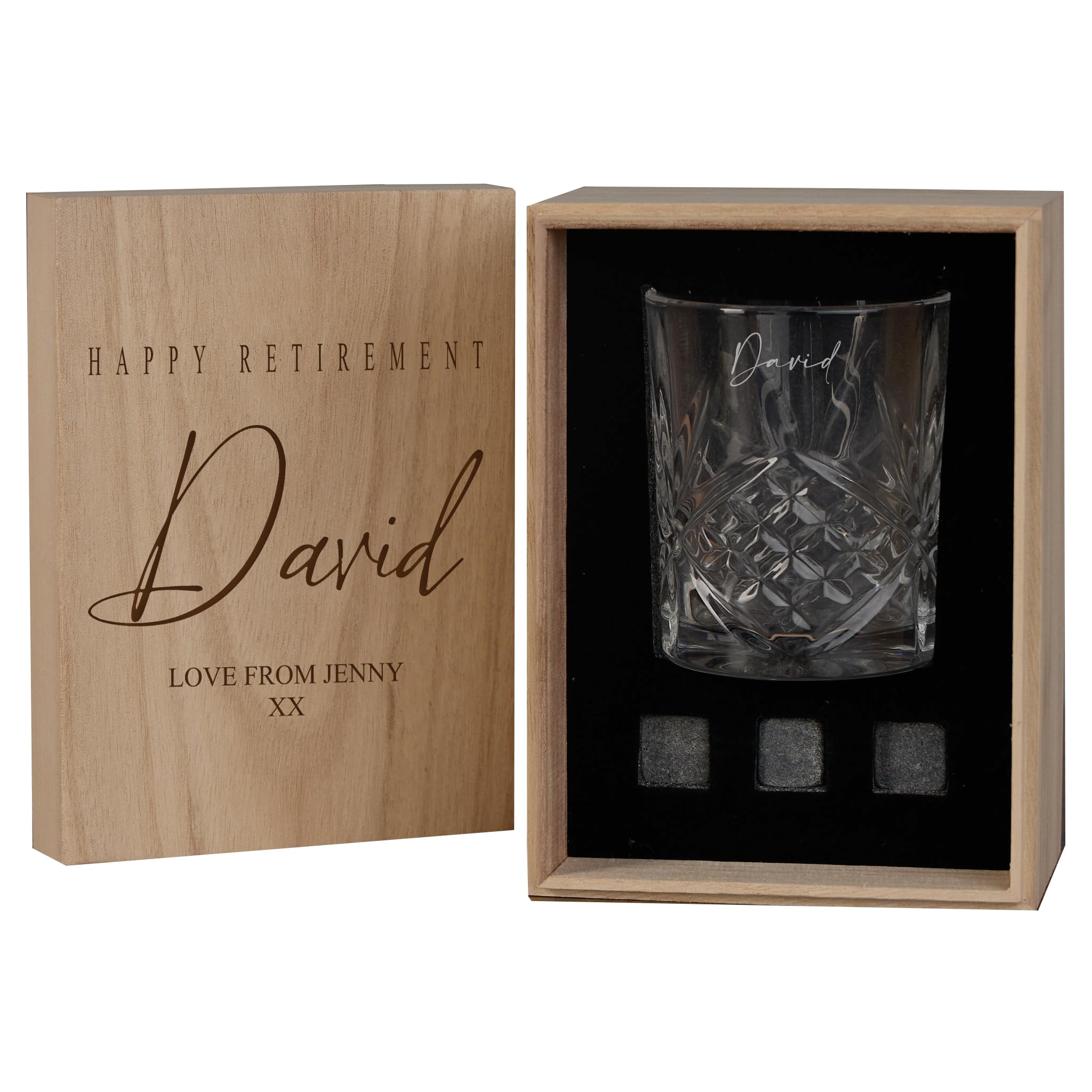 ukgiftstoreonline Personalised Whisky Gift Set with Engraved Wooden Box, 3 Whisky Stones, Tumbler Glass, Any Occassion