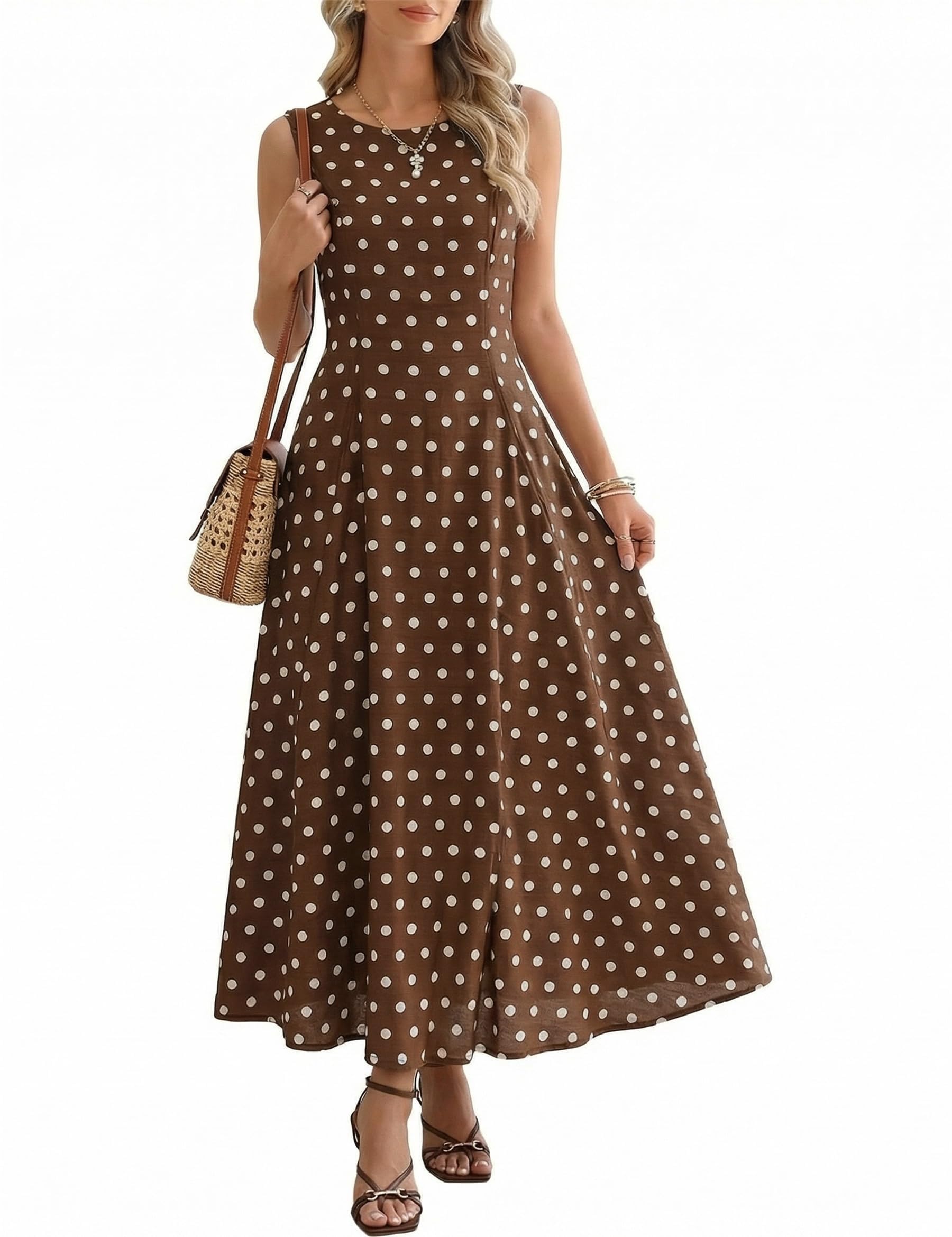 Abito estivo da donna a pois, senza maniche, scollo rotondo, a vita alta, elegante, vintage, rockabilly, per feste