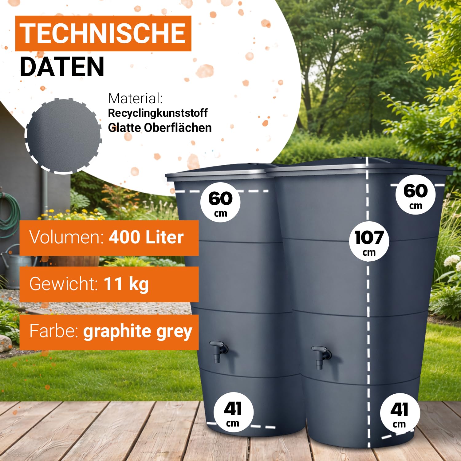 GARANTIA Ibiza Regentonnen-Set eckig 400 Liter Graphite Grey, 2 x Ibiza 200 Liter inkl. Verbinder - als graues Wasserfass für nachhaltige Gartenbewässerung - mit Deckel, Hahn und Matter Oberfläche