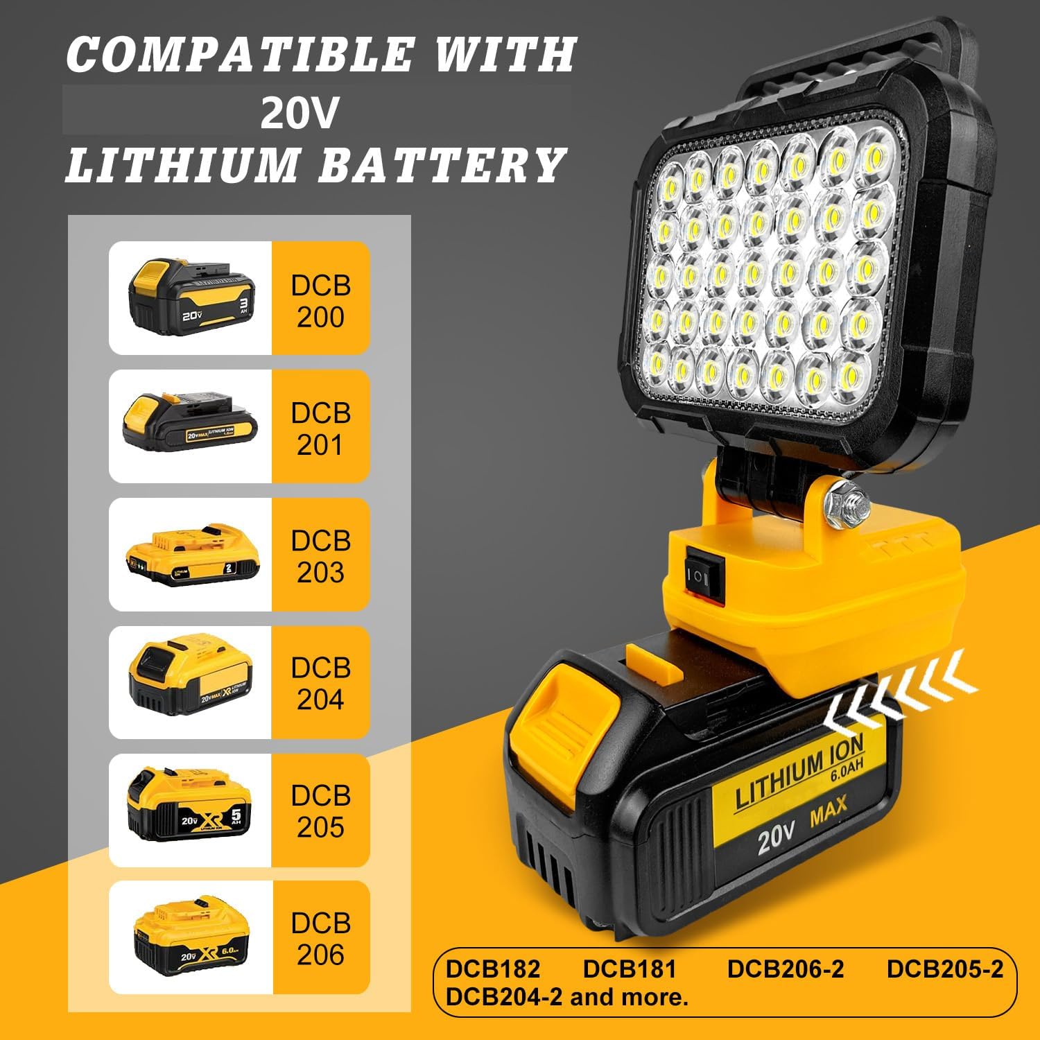 Cordless LED Work Light Compatible For Dewalt 20V/60V Battery, 60W 6000LM Jobsite Flood Light, Portable Outdoor Flashlight Dual USB-A 5V/2A Charging Ports,Pivoting Head (Battery Not Included)