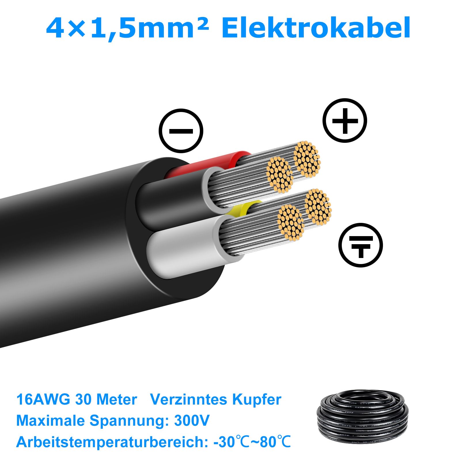 30 m 16AWG 4 x 1,5 mm² kabel elektryczny, 4 żyły kabel 5 V/12 V/24 V/300 V, kabel zasilający, ocynkowany kabel miedziany, elastyczny i miękki, niska impedancja, wysoka odporność na temperaturę,