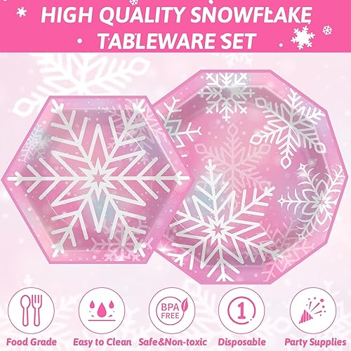 Miniatura 3 de Sirve 24 platos de papel de copo de nieve de Navidad, servilletas de almuerzo rosa de nieve de invierno, juego de vajilla desechable de copo de