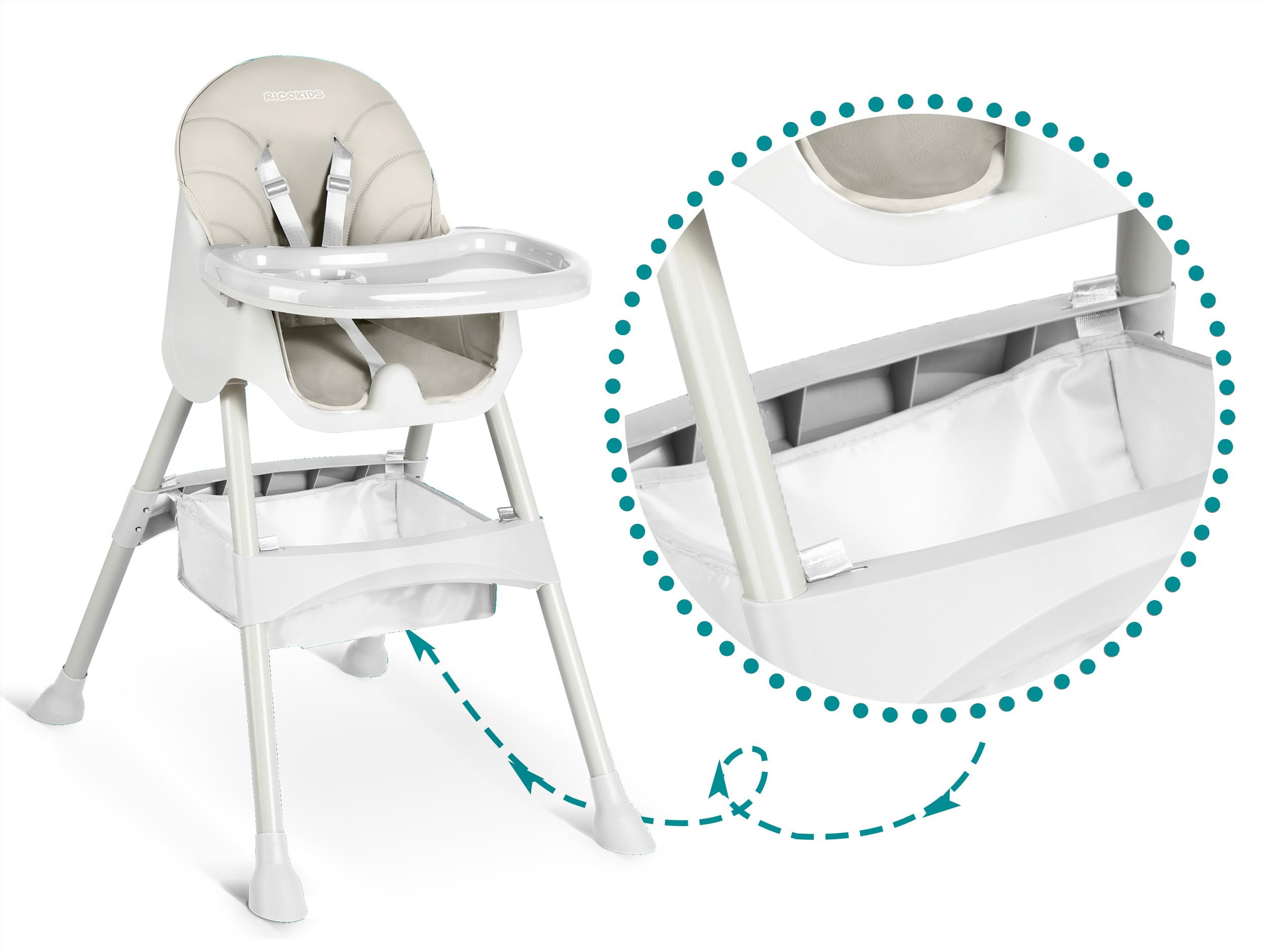 Ricokids Chaise haute pour bébé 3 en 1 - Pour enfant à partir de 6 mois - Avec ceinture de sécurité - Pliable - Facile d'entretien - Cadre réglable en hauteur - Planche à manger amovible - Panier