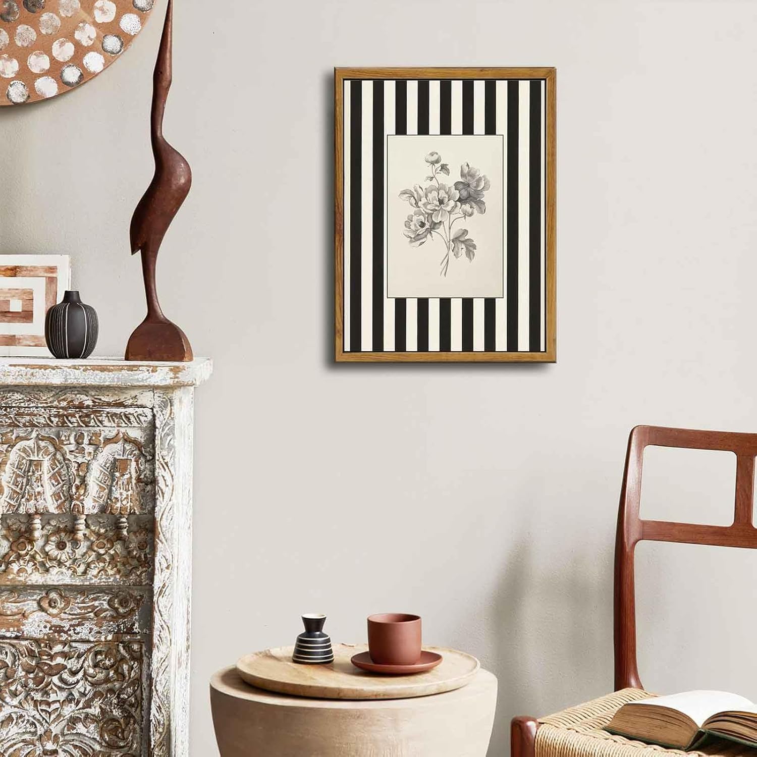 Yellow Framed Stripes Flower Canvas Wall Art Black White Striped Floral Painting Decor Pictures Vintage Sketch Plant Orchid Bedroom Living Posters Prints for Corridor Kitchen Room Decoration