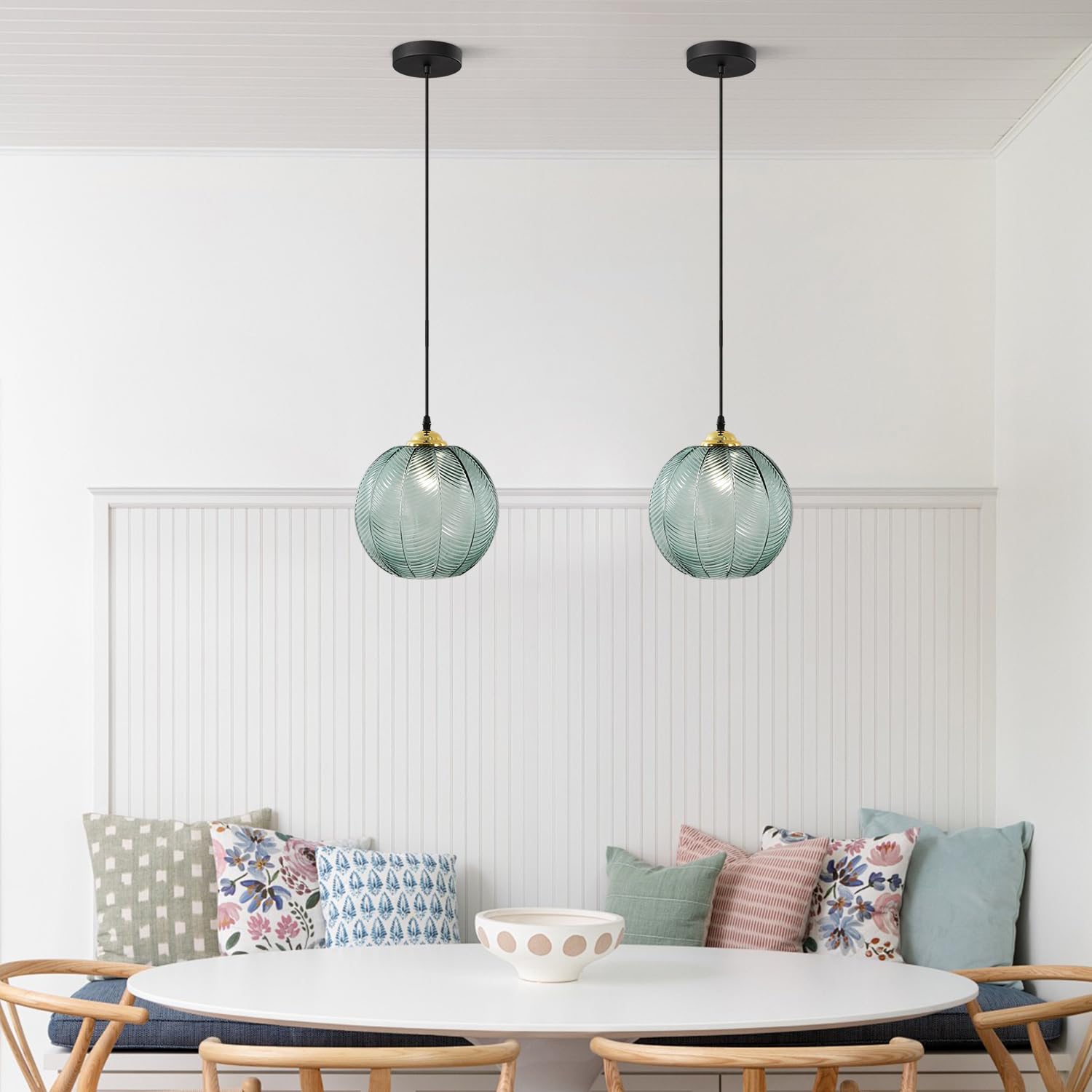 KCO Iluminación moderna de globo grande colgante lámpara colgante de cristal verde nórdico, lámpara colgante negra para cocina, casa de campo, isla de cocina, luz vintage individual verde para colgar
