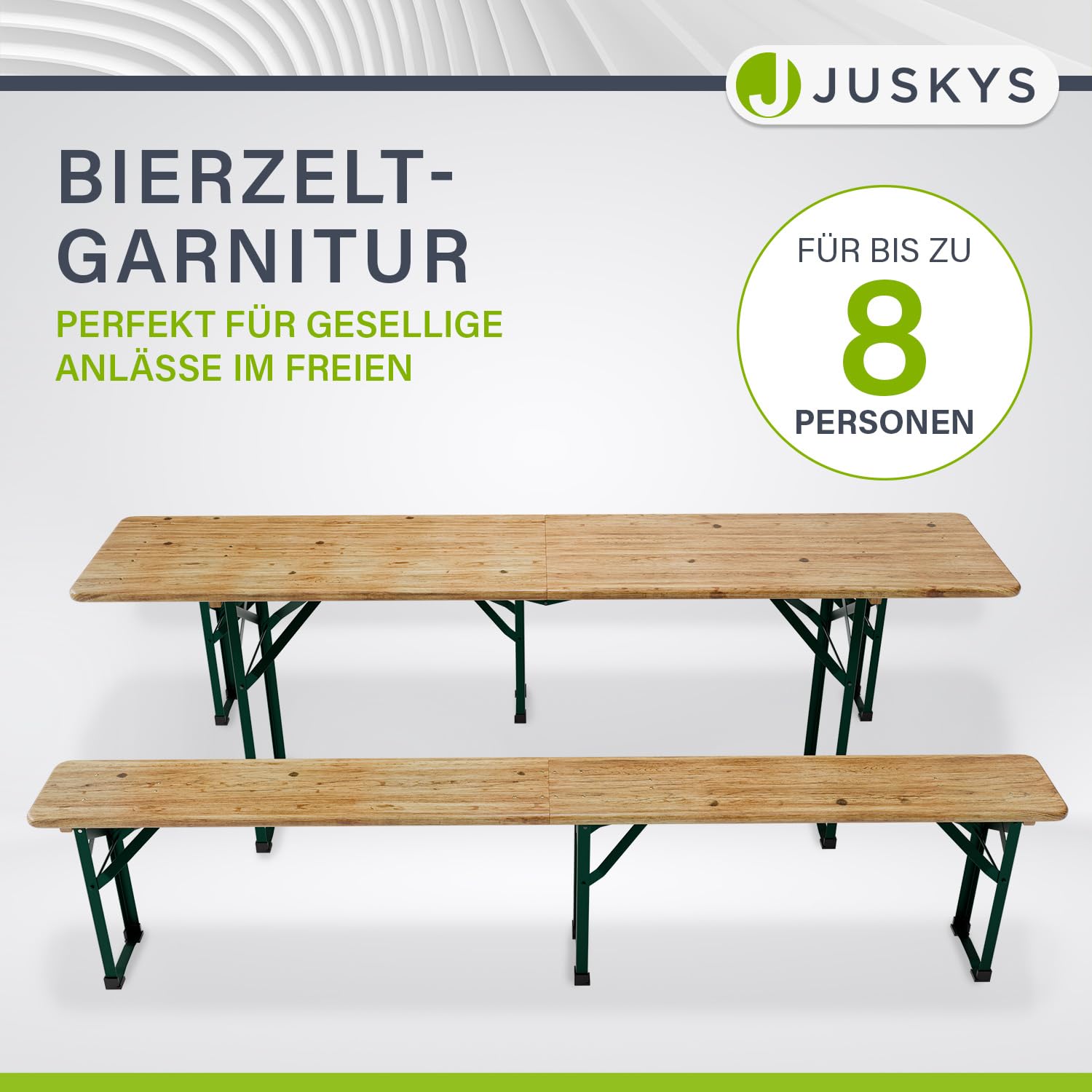 Juskys Set da giardino 3 pezzi, tavolo da birra pieghevole 220 cm e panche in legno di abete, finitura naturale, per tende da festa e uso esterno