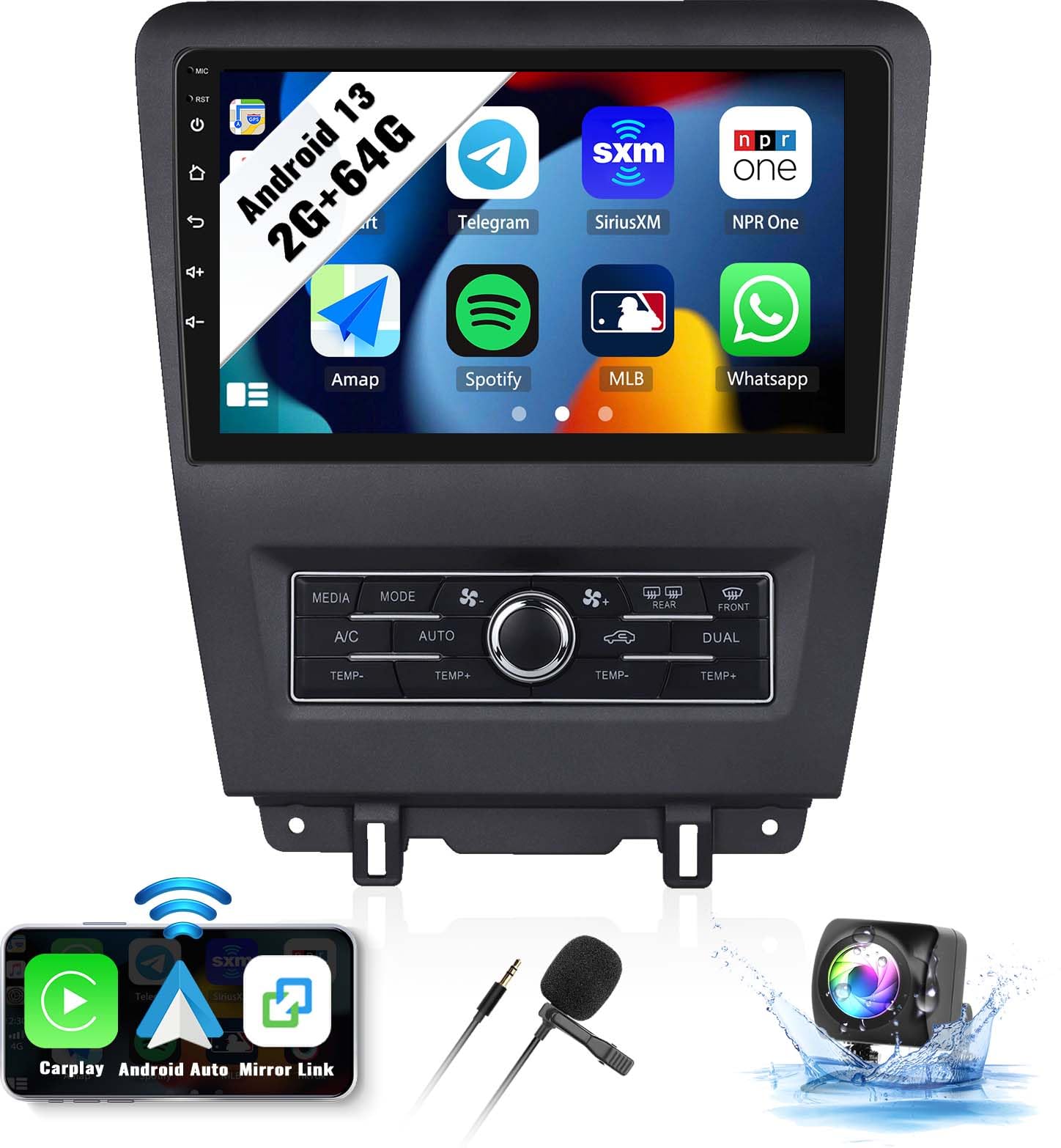 SIXWIN 2G+64G Android 13 Car Radio for Ford Mustang 2010 2011 2012 2013 2014 10.1 Inch Touch Screen with CarPlay Android Auto Mirror Link Bluetooth FM GPS Navigation HiFi WiFi SWC Backup Camera MIC