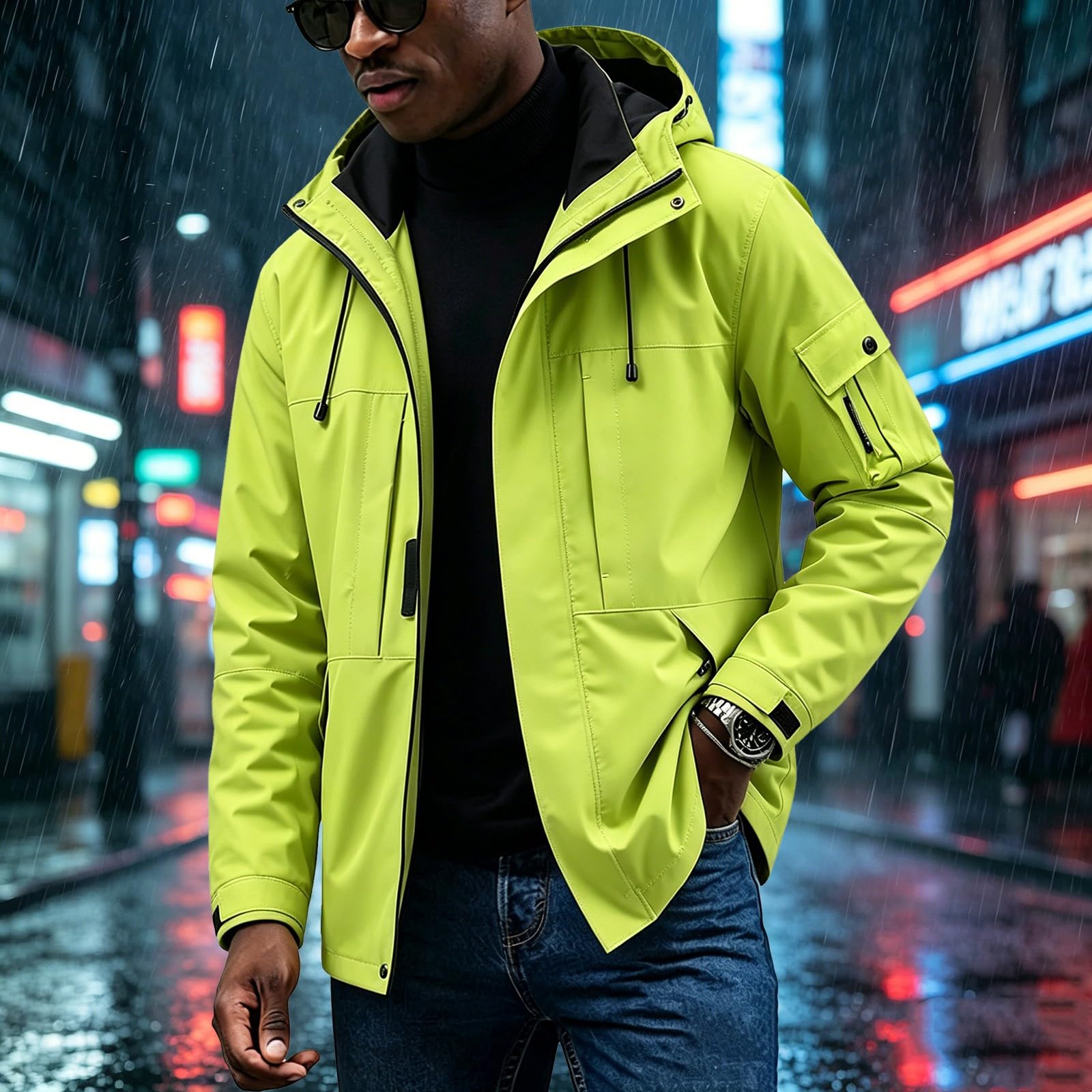 Chubasquero para hombre, resistente al agua, transpirable, chaqueta softshell para hombre, ligera, resistente al viento, chaqueta funcional con capucha, chaqueta de entretiempo, chaqueta de lluvia