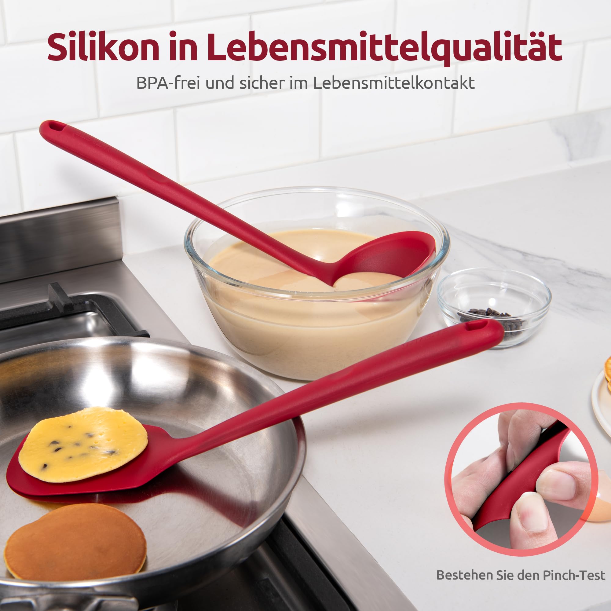 U-Taste 5 Stück Silikon Küchenhelfer, 315℃ hitzebeständiger, Rot | Kochutensilien, antihaftbeschichtetes Pfannenwender Löffel zum Mischen Servieren Braten Rühren
