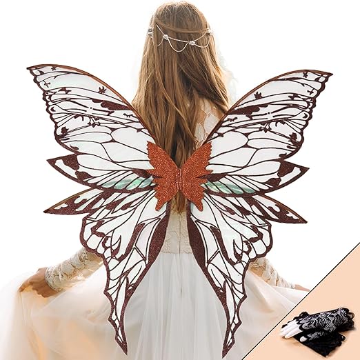 YKW Fairy Wings for Adult Women,31.5"x29" Butterfly Cosplay Wings with Lace Gloves,Organza Costume Wings for Halloween Party