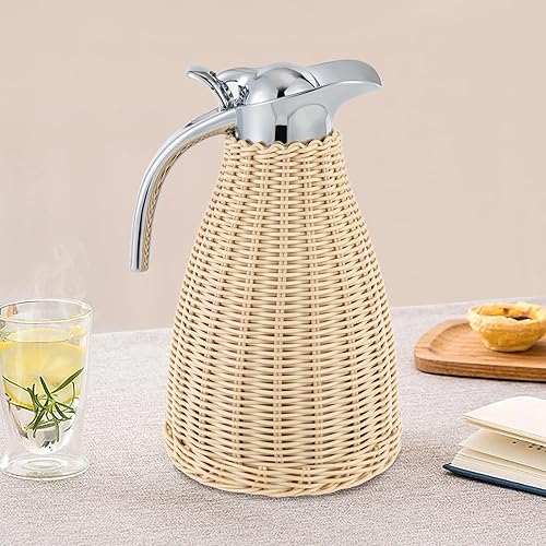 Jarra térmica de café de acero inoxidable, 50 onzas1.5 L de ratán tejido, jarra de café aislada de doble pared al vacío, retención de calor frío de