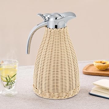 Stainless Steel Coffee Thermal Carafe, 50 Oz/1.5 L Woven Rattan Insulated Coffee Carafe Double Walled Vacuum Insualted 20 Hour Heat Cold Retention White