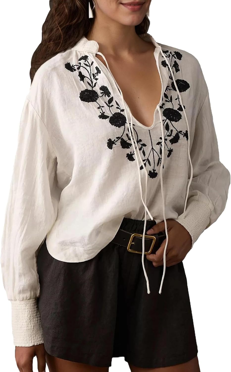 Kedera Women's Tie Front Blouse Floral Embroidered Long Sleeve V Neck Shirts Casual Cute Boho Tops High Low Tops