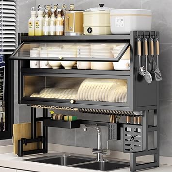 Large 3-Tier Over Sink Dish Drying Rack with Flip-top Door,Kitchen Counter Utensil Holder Organizers Space-Saving,Multifunctional Metal Counter Shelf,for Plates BowlBlack,65cm/25.6in