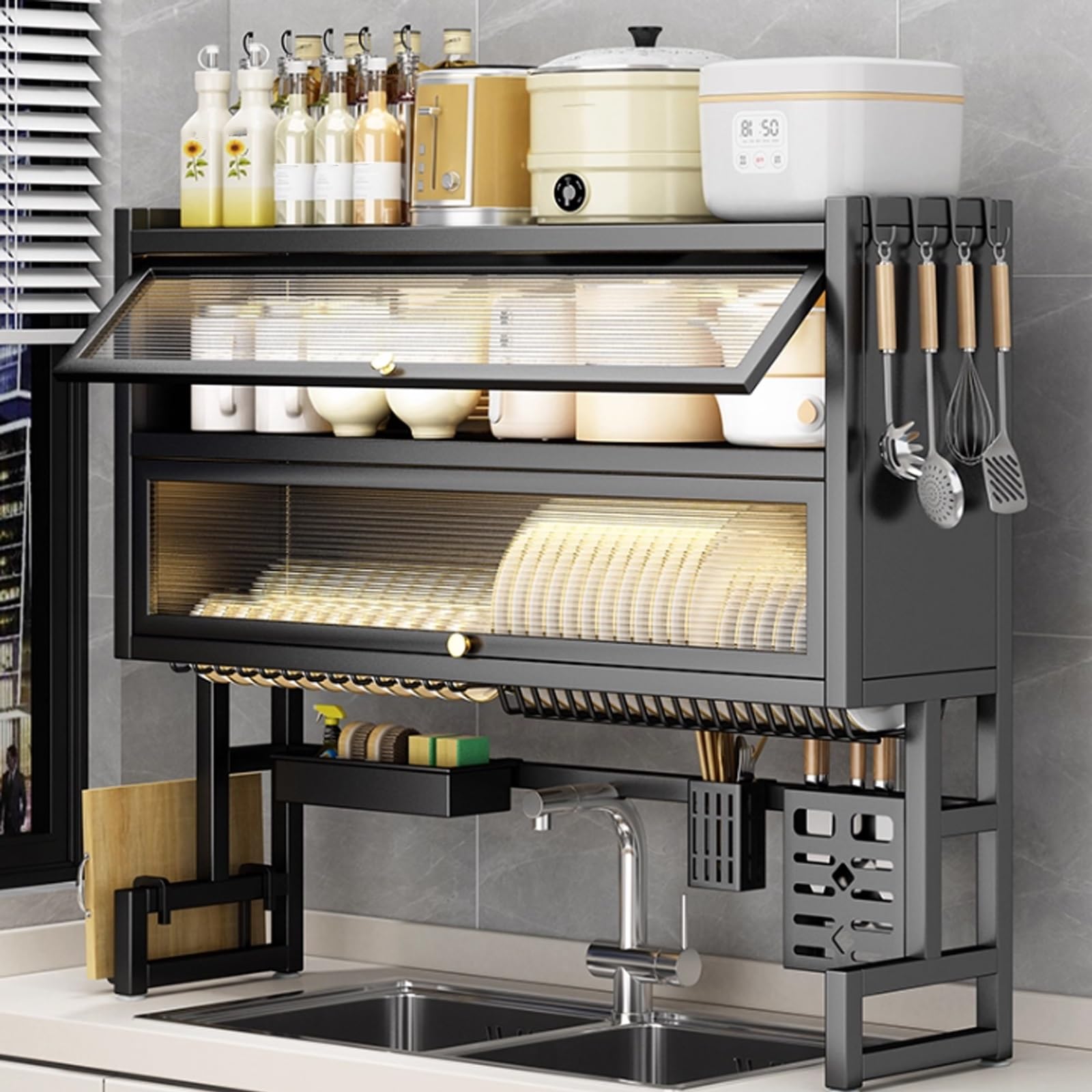 Escurridor de Platos Grande de Tres Niveles con Puerta abatible, Organizador de encimera de Cocina para Cubiertos, Estante de encimera de Metal Multifuncional Que Ahorra Espacio, con Asiento