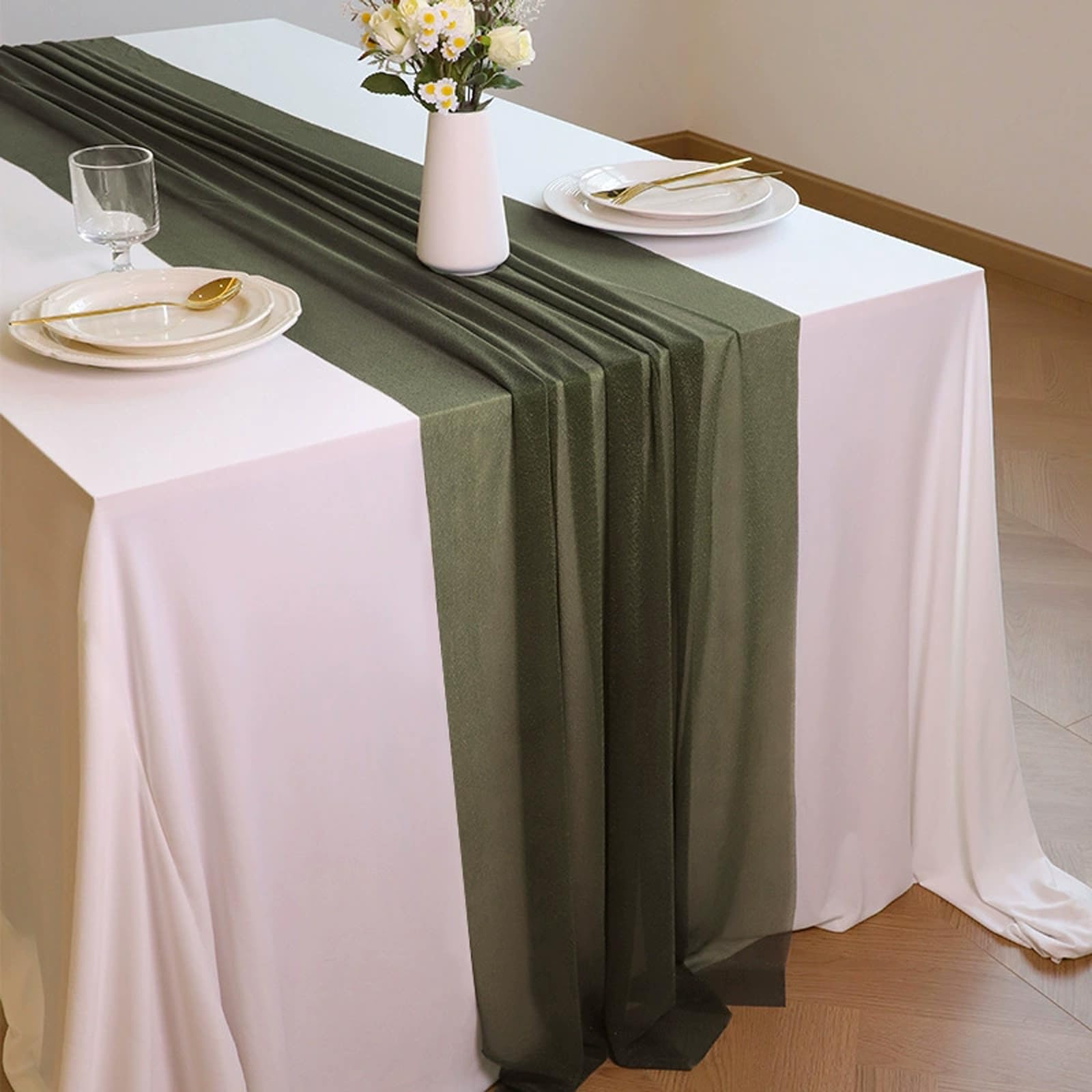 Runner da tavola in chiffon verde militare, morbido e confortevole, per feste di nozze, battesimi, feste, feste, matrimoni, feste, matrimoni, cucina, feste di compleanno, 12 confezioni (75 x 600 cm)