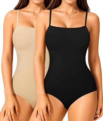 Irisnaya 2-Pack Shapewear Bodysuits for Women Tummy Control Body Suit | Two colors and a square neckline suit work or nights out. Adjustable straps and a hook-and-eye gusset add convenience.