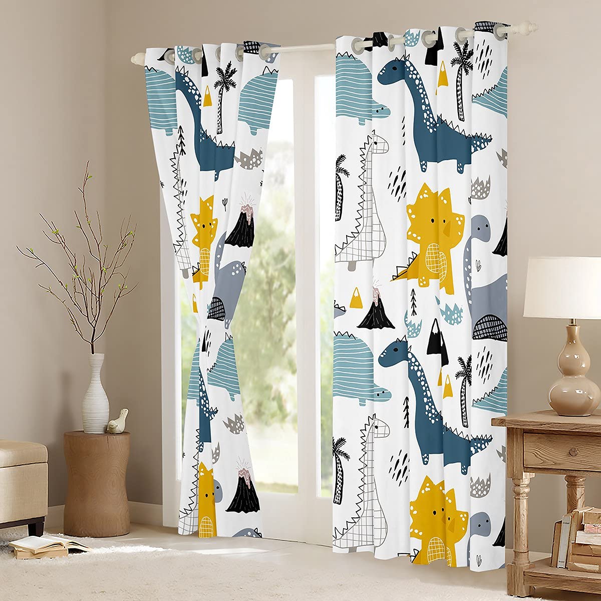 Dinosaur Curtains Window Kids Boys Eyelet Windows Drapes Novelty Ring Top Window 3D Print Curtain for Bedroom Living Room Room Decoration,W46*L54 - Image 3