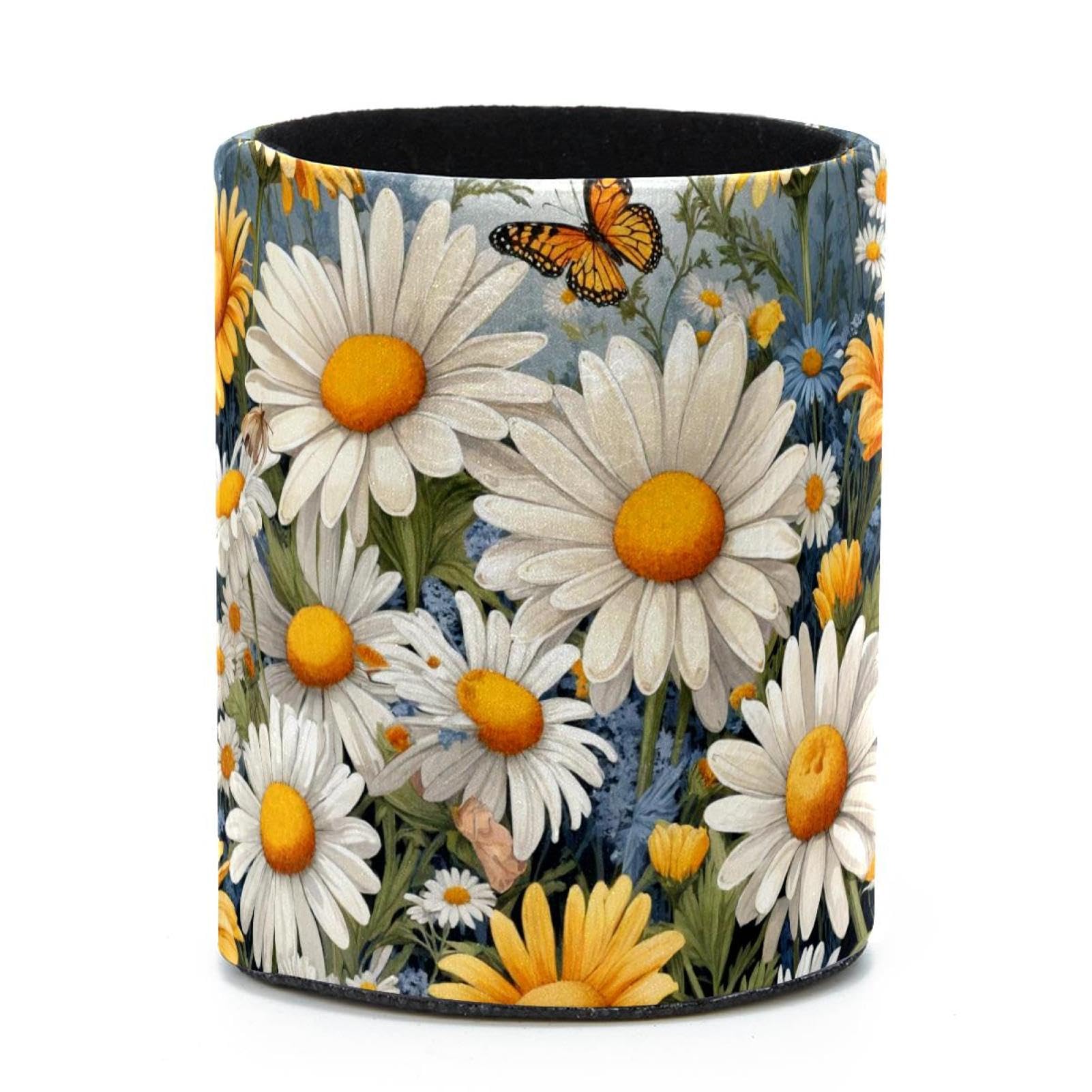 VAPOKF Round Pencil Holders for Desk, Daisy Butterfly Pen Holders Pen Pot Makeup Brushes Storage Desktop Stationery Supplies Organiser for Home Office