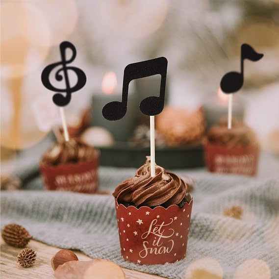 Donoter 48 Pcs Black Glitter Music Notes Cupcake Toppers Musical Symbols Cake Picks for Kids Birthday Party Food Decorations