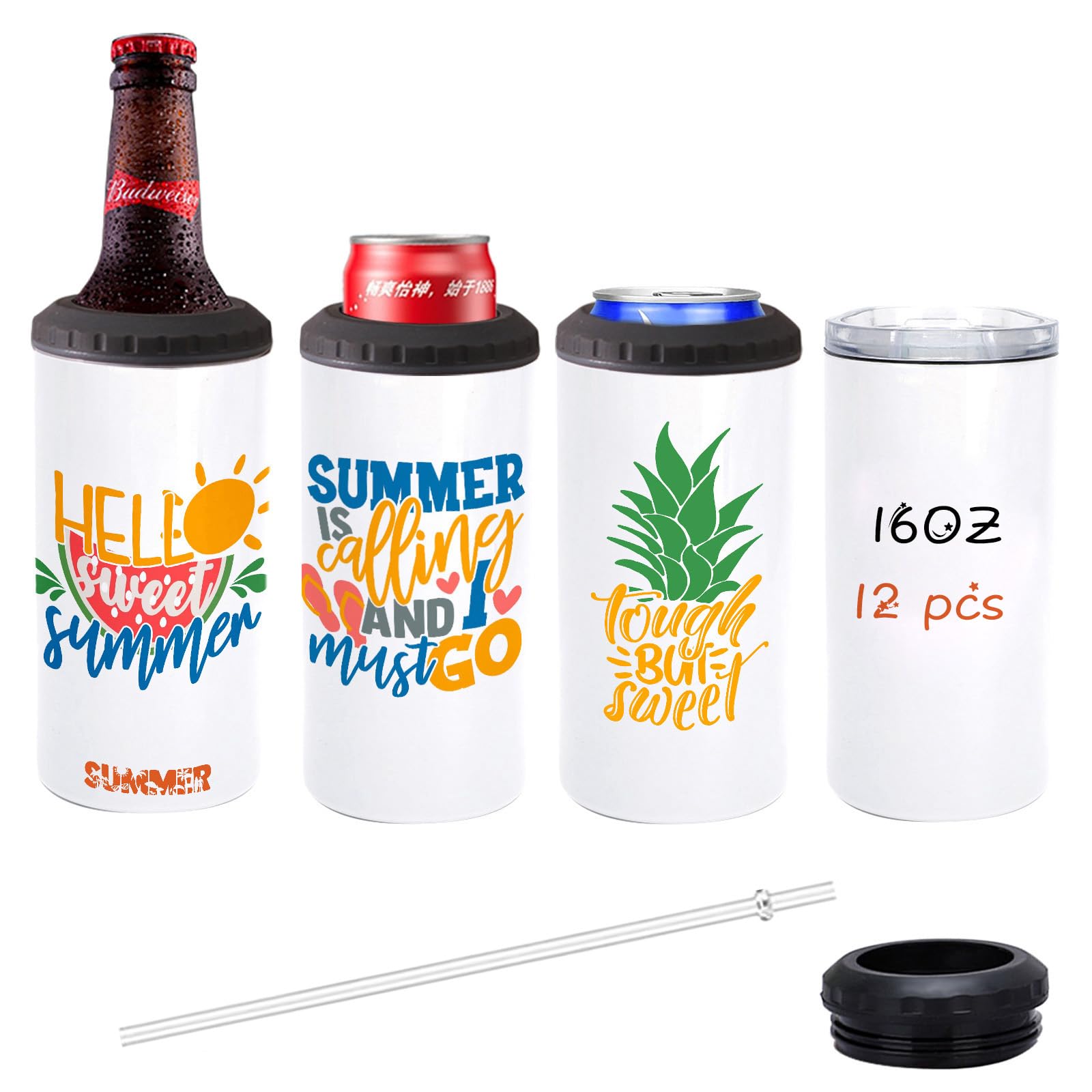 Lilsofee 12 Pack 16 oz Sublimation Blank Tumblers Skinny 4 in 1 Can Cooler with 2 Lid Stainless Steel Double Wall Insulated Beer Bottles Coolers Slim Can Holder for Drinks