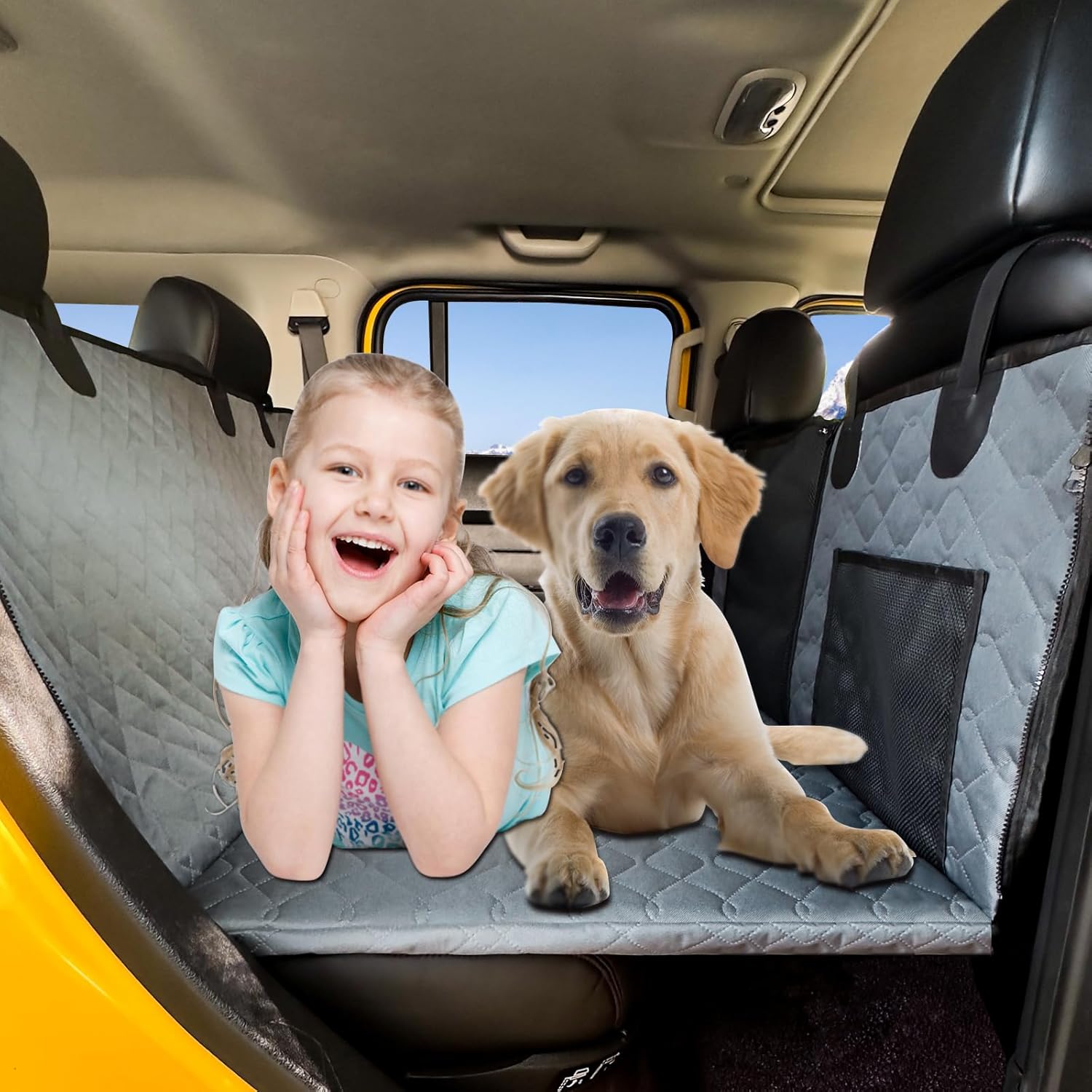 Upgrade Back Seat Extender for Dogs, Dog Car Seat Cover with Hard Bottom Holds 330lbs, Anti-Scratch Pet Car Seat Protector with Mesh Window, Waterproof Dog Hammock for Sedans, SUVs, Trucks