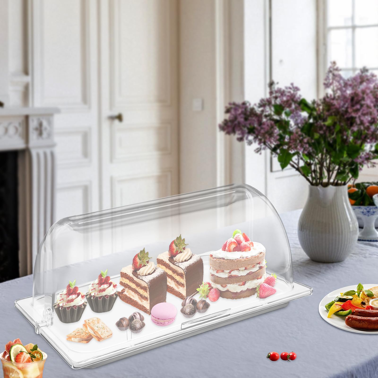 Servierplatte Für Speisen, Große, Transparente, Rechteckige Buffetplatte (42 X 28 cm) Mit Transparentem Rolldeckel, Geeignet Für Desserts, Kuchen, Obstsalat Und Restaurants, Hotels, Partys Und