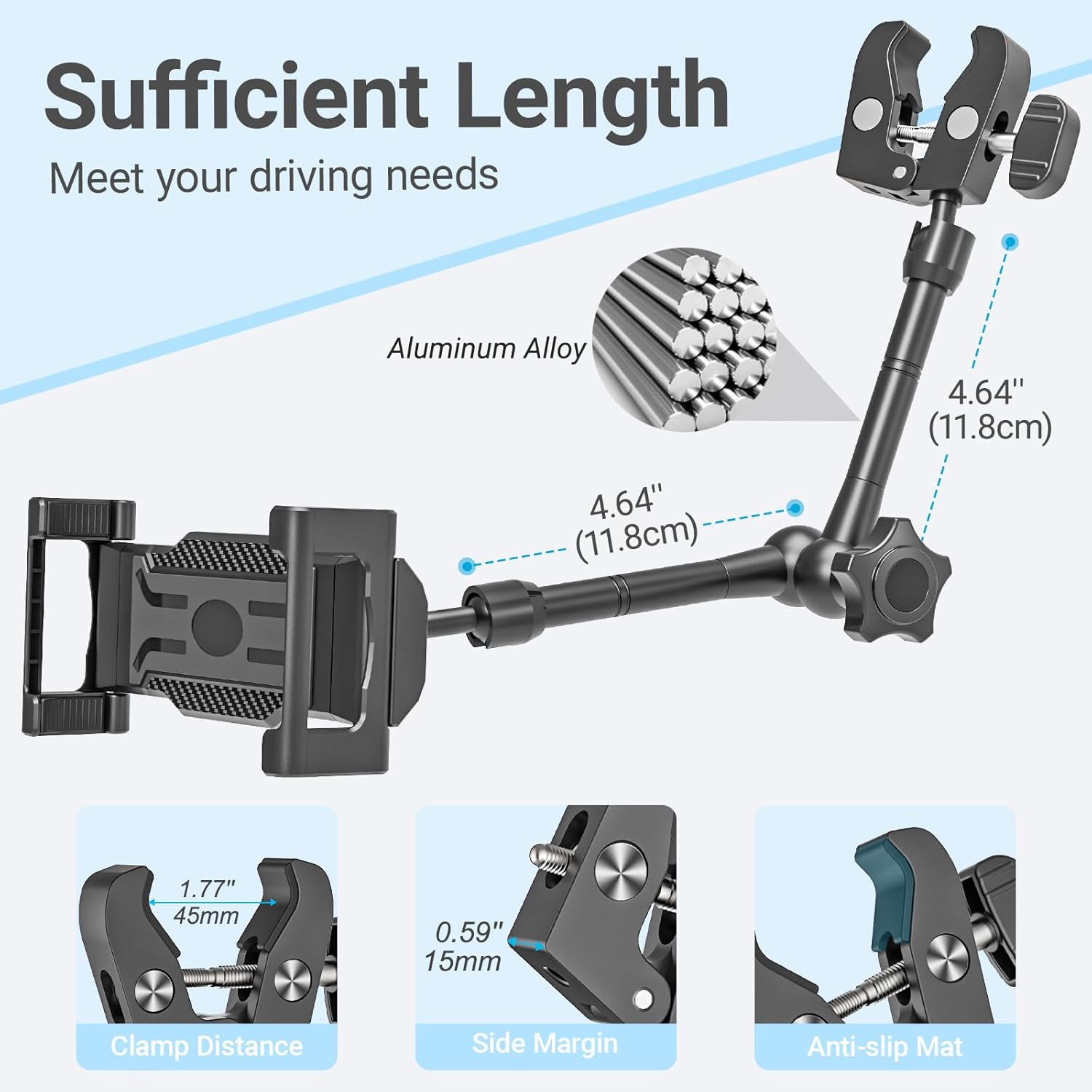 Rearview Mirror Metal Car Tablet Mount, 360° Rotation Magic Arm Rear View Mirror Tablet Holder for All 6.1-15.6" Devices, Fit Thickness Case (Deep Max 1.18'') for iPad Pro/Air/Mini, Galaxy Tab