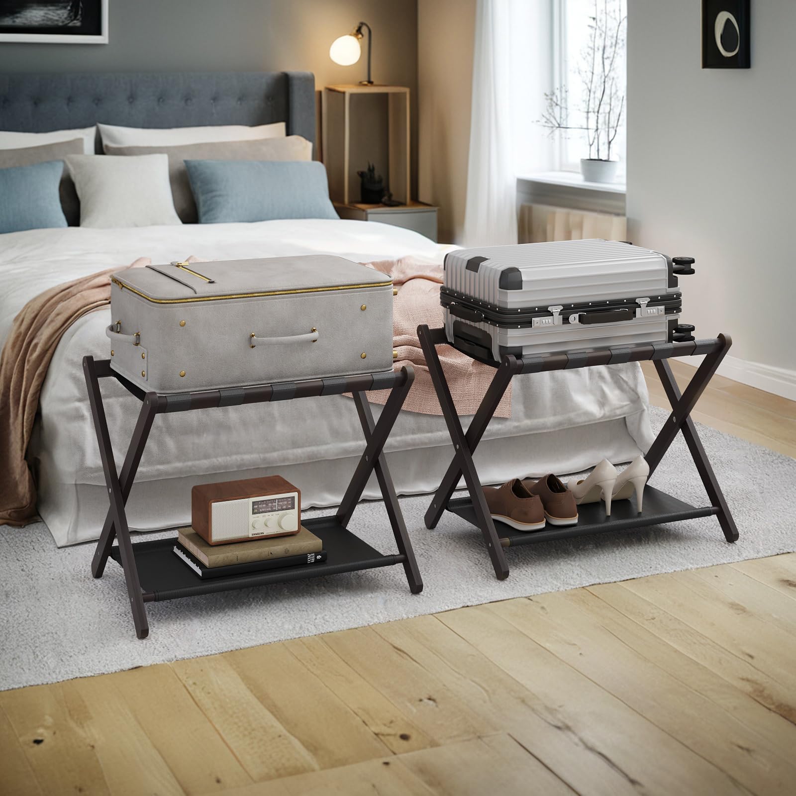Semiocthome Kofferständer, 2er-Set, Faltbarer Gepäckträger aus Bambus mit Ablage für Gästezimmer, Schlafzimmer, Hotel, HBT: 52 x 67 x 45 cm - Braun