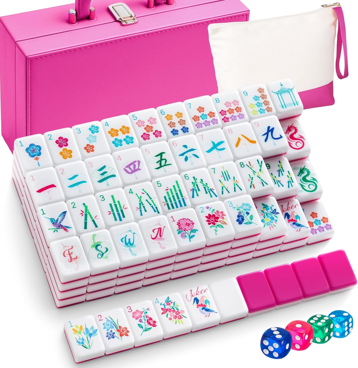 Soulchen 1.2 Inch Acrylic Rose Red American Mahjong Set 168 Blossom Numbered Tiles, Tiles Bag and Portable Case Classic Complete Mahjong Set for Adult Collection Gift